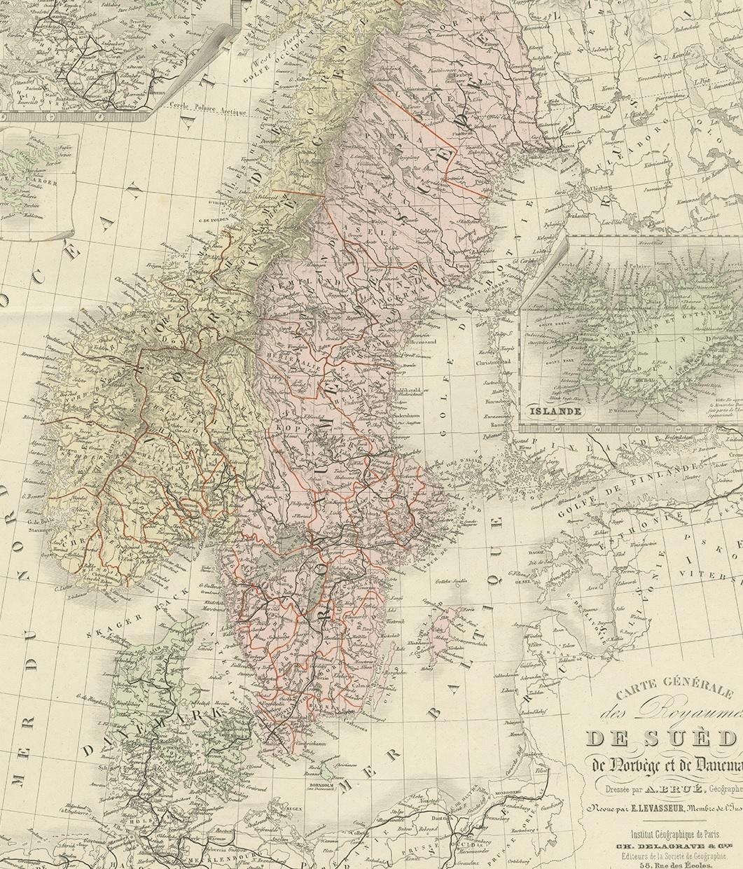 Antique Map of Scandinavia by Levasseur, 1875 In Good Condition For Sale In Langweer, NL