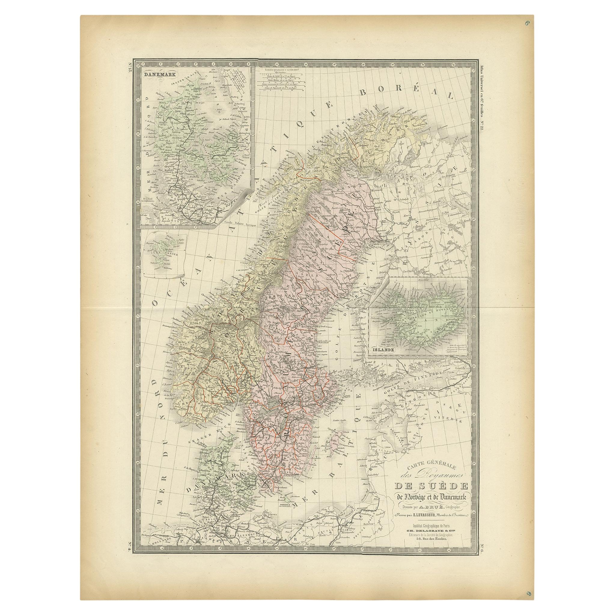 Antique Map of Scandinavia by Levasseur, 1875 For Sale