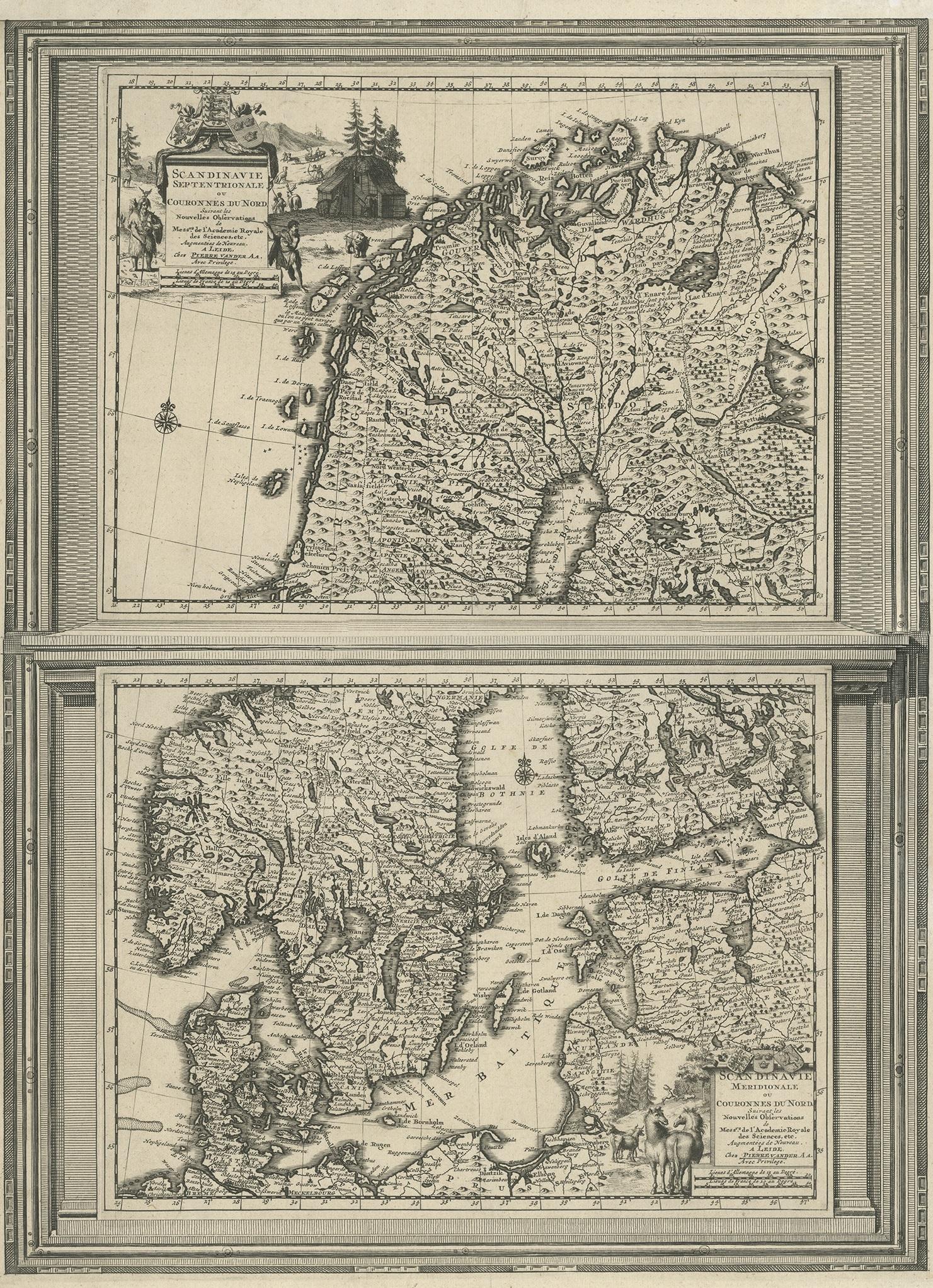 Antique map titled 'Scandinavie Septentrionale' and 'Scandinavie Meridionale'. Copper engraving with two maps on one sheet. The upper map depicts Northern Scandinavia with Norway, Sweden and Finland. The lower map depicts the Baltic Sea and Southern