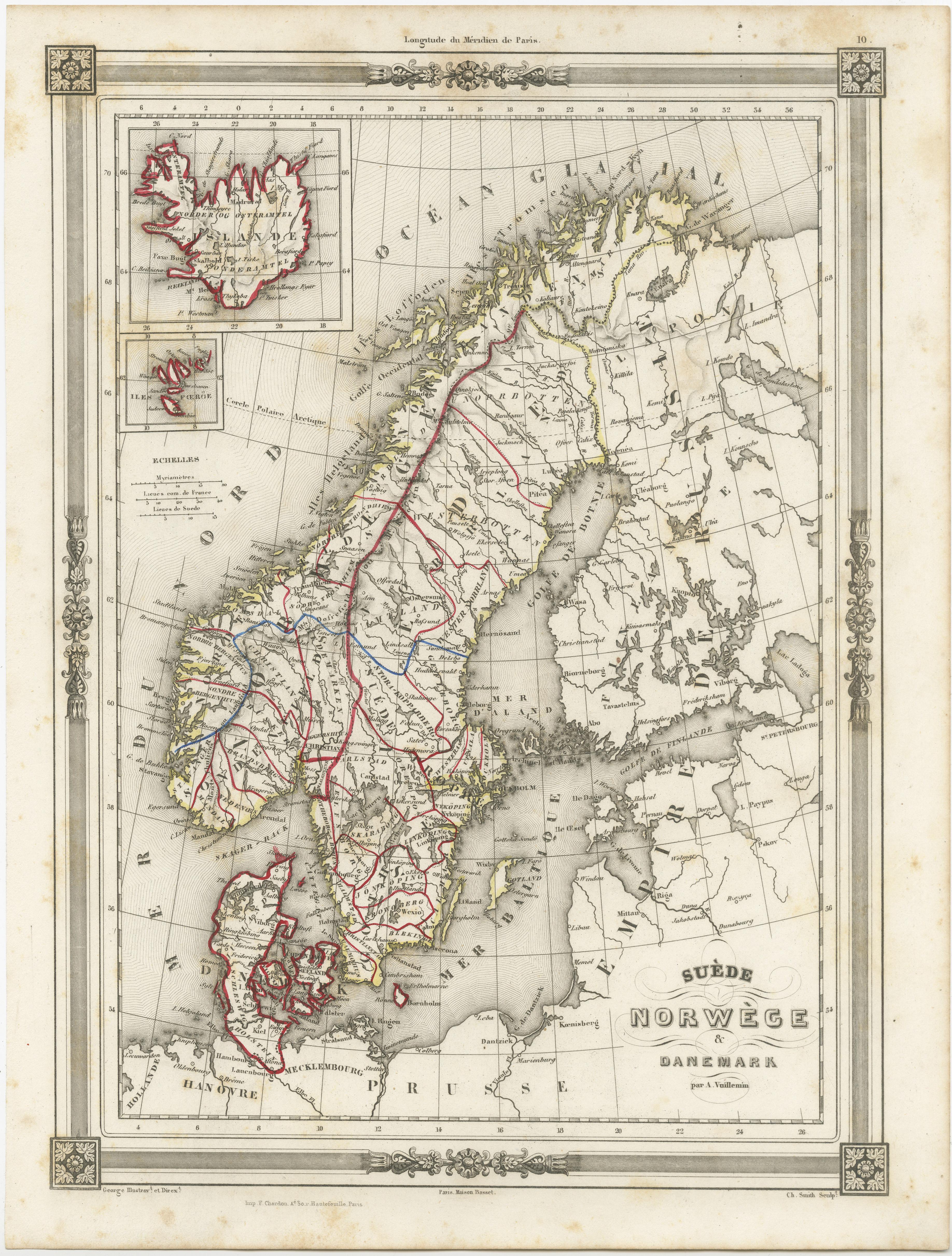Antique map titled 'Suède, Norwège & Danemark'. Attractive map of Scandinavia, with Sweden, Norway and Denmark. With an inset map of Iceland and the Faroe Islands. This map originates from Maison Basset's 1852 edition of 'Atlas Illustre Destine a