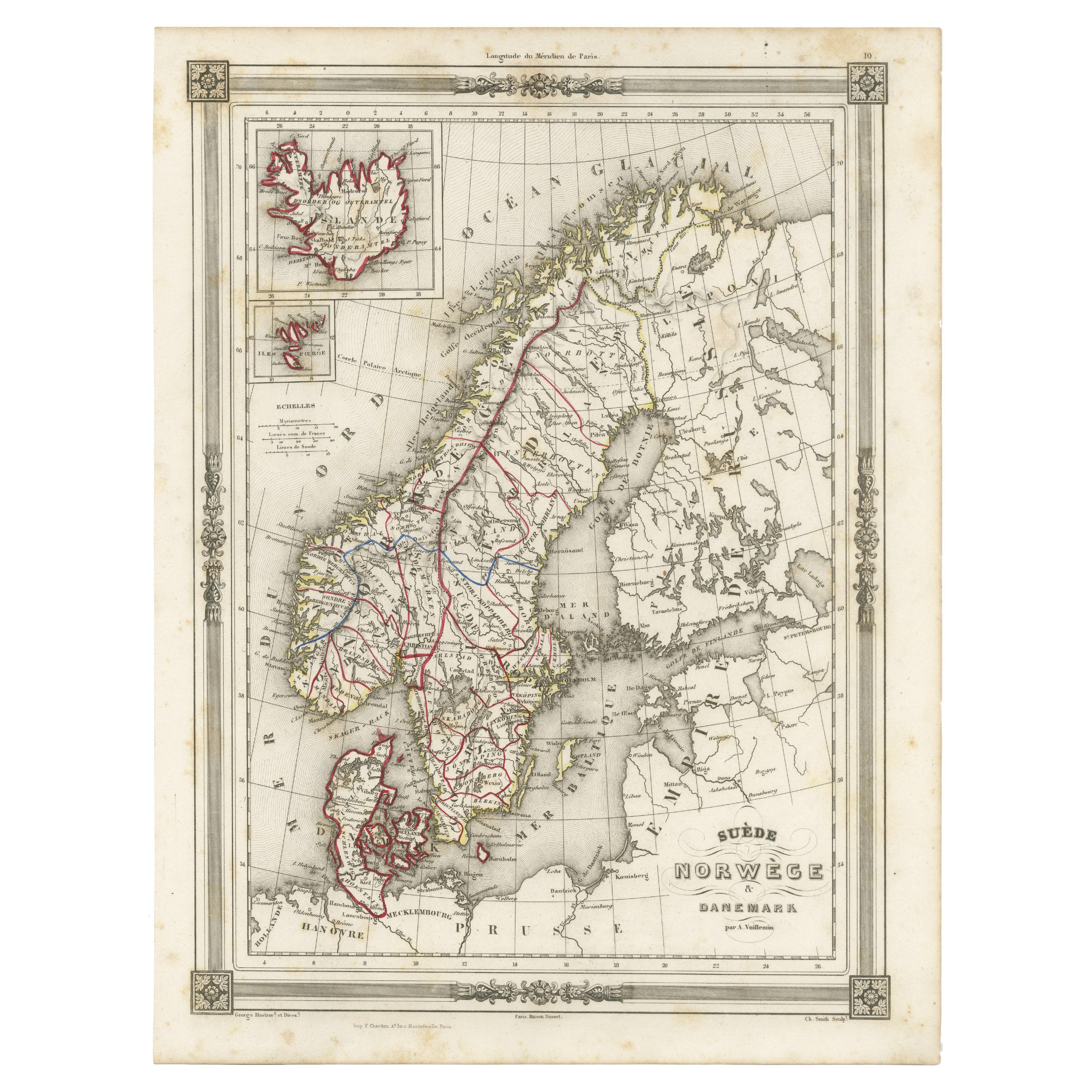Carte ancienne de la Scandinavie : Norvège, Suède et Danemark