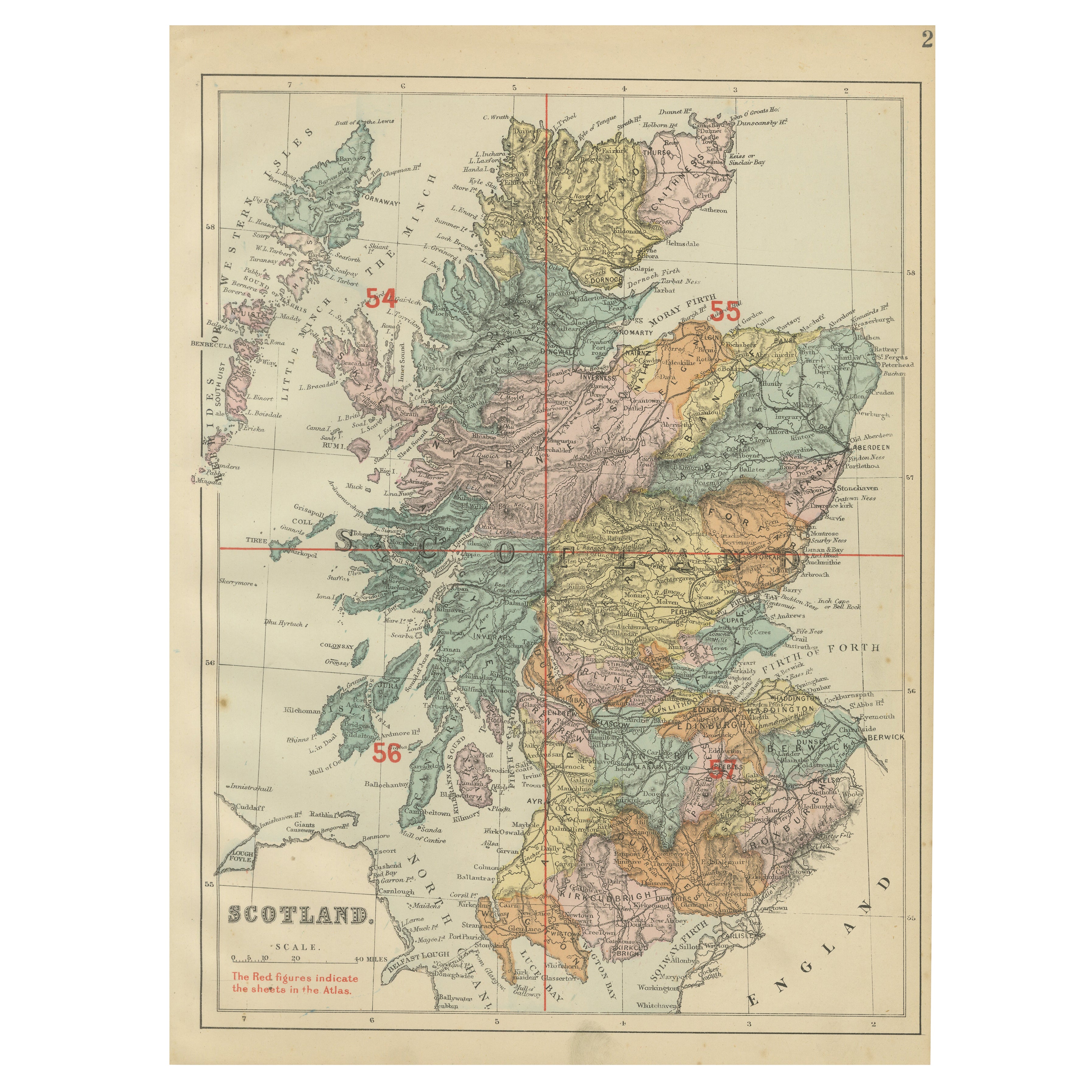 Carte ancienne de l
Ecosse, 1885 - Highlands, Counties 
Coastal Detail en vente