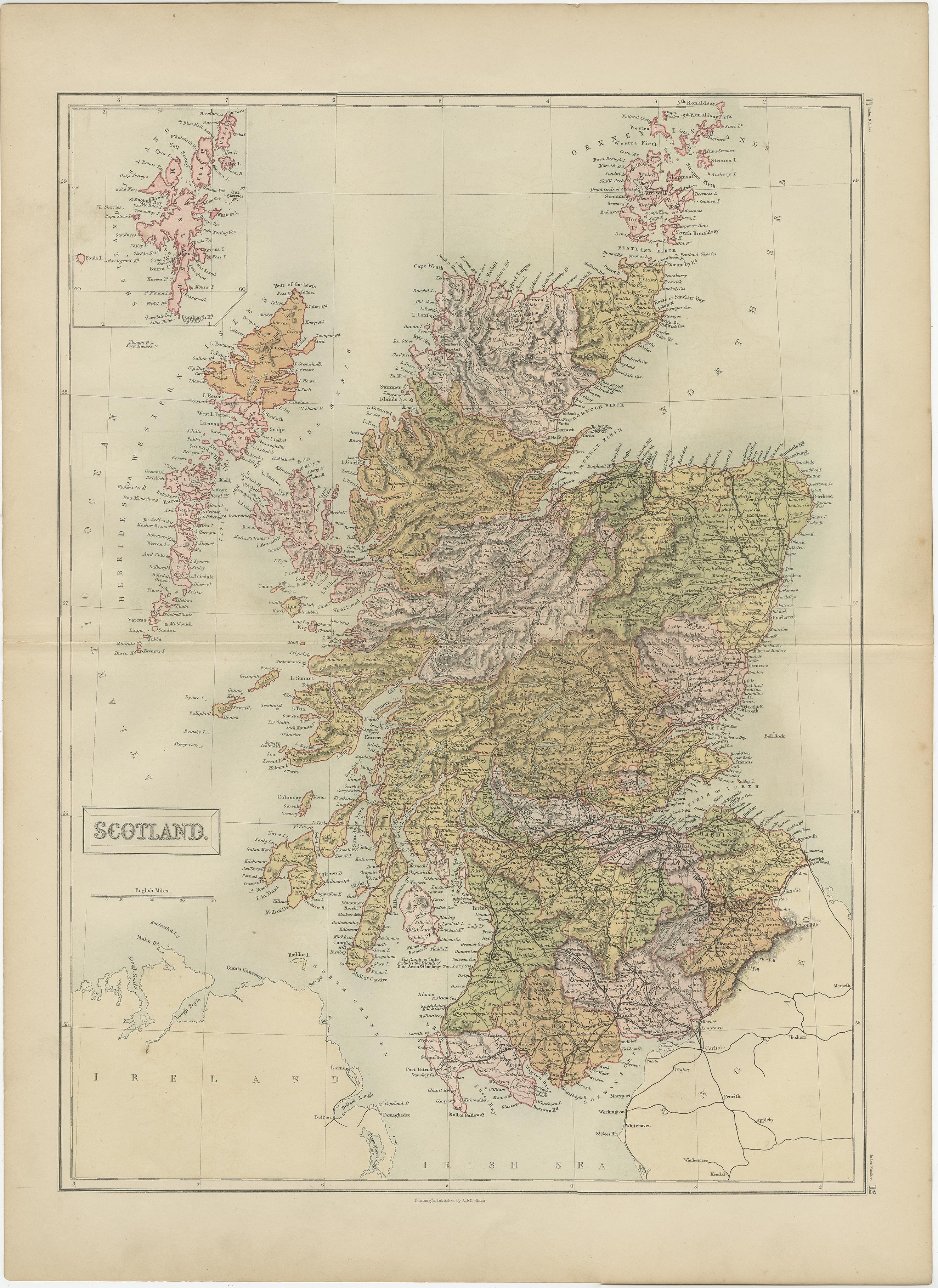 Antique map titled 'Scotland'. Original antique map of Scotland with inset map of Shetland island. This map originates from ‘Black's General Atlas of The World’. Published by A & C. Black, 1870.