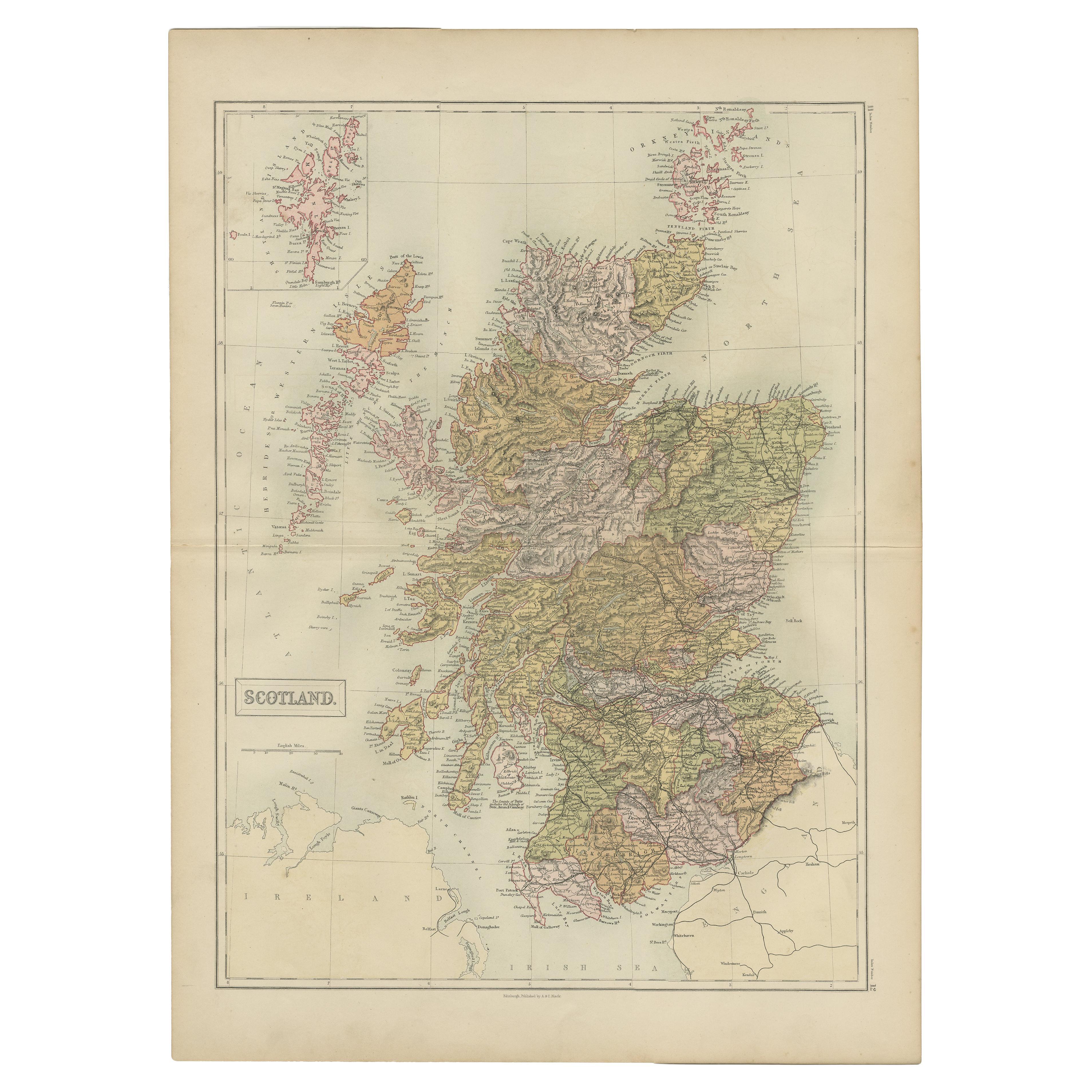 Antique Map of Scotland by A & C. Black, 1870 For Sale