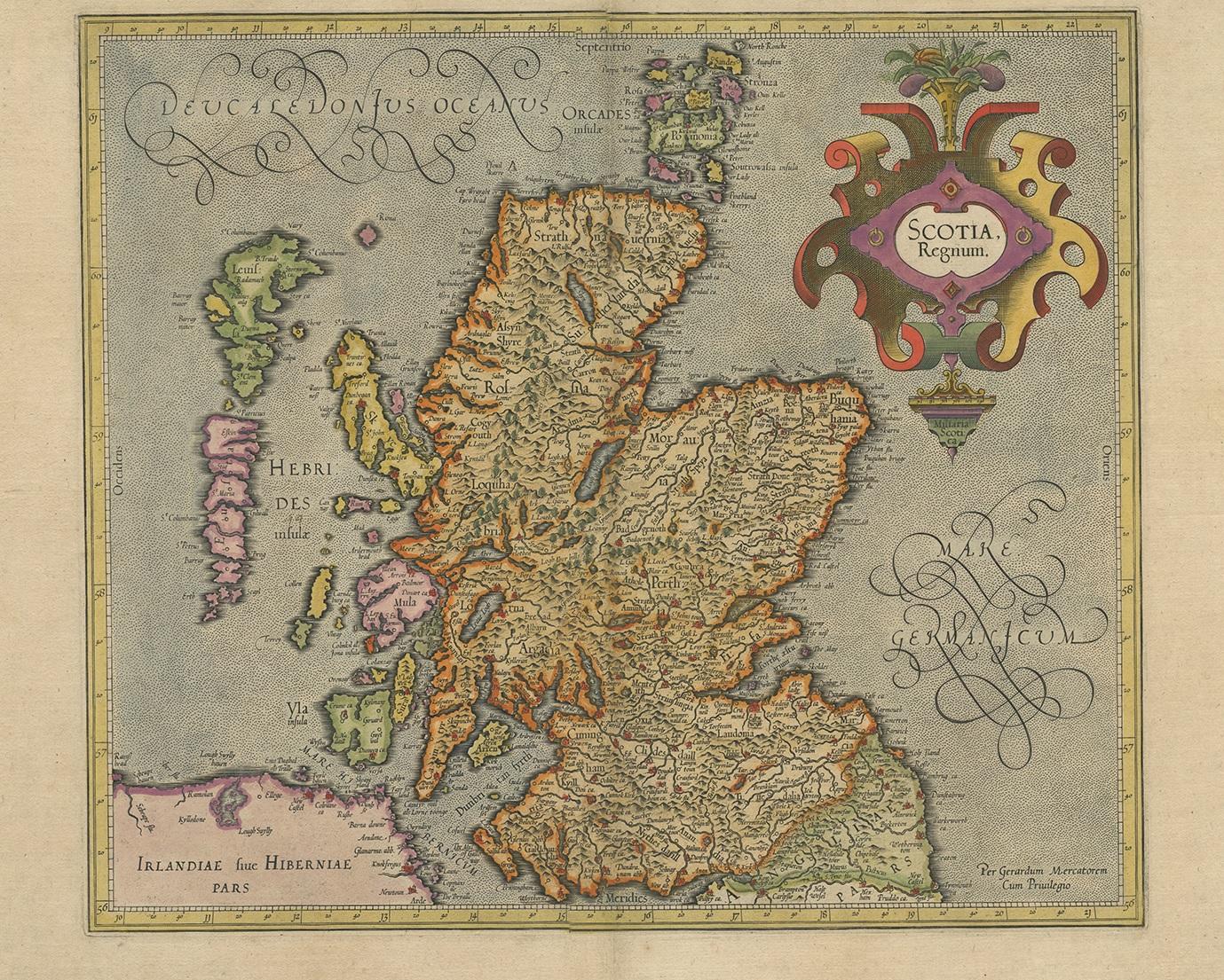 Antique map titled 'Scotia Regnum'. One of the earliest obtainable maps of Scotland. Published by G. Mercator, one of the most famous cartographers of all time.