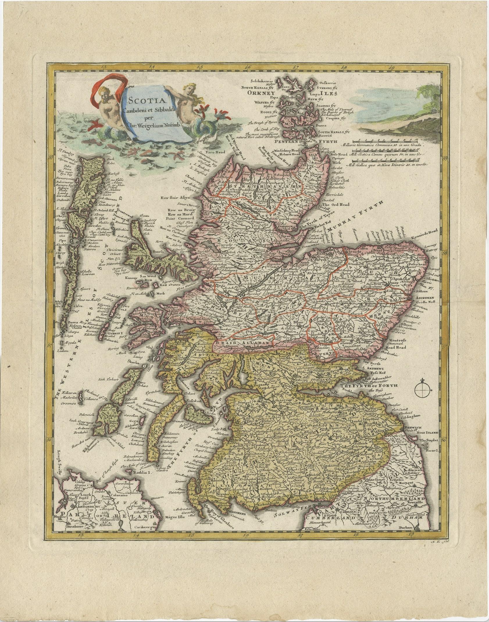 Decorative antique map of Scotland with title: Scotia Cambdeni Et Sibbaldi per Chr. Weigelium Norimb.

Old coloured map of Scotland that was printed in Nuremberg by Johann Ernst Adelbulner in 1718. Engraved by Michael Kauffer.

Artist: Johann
