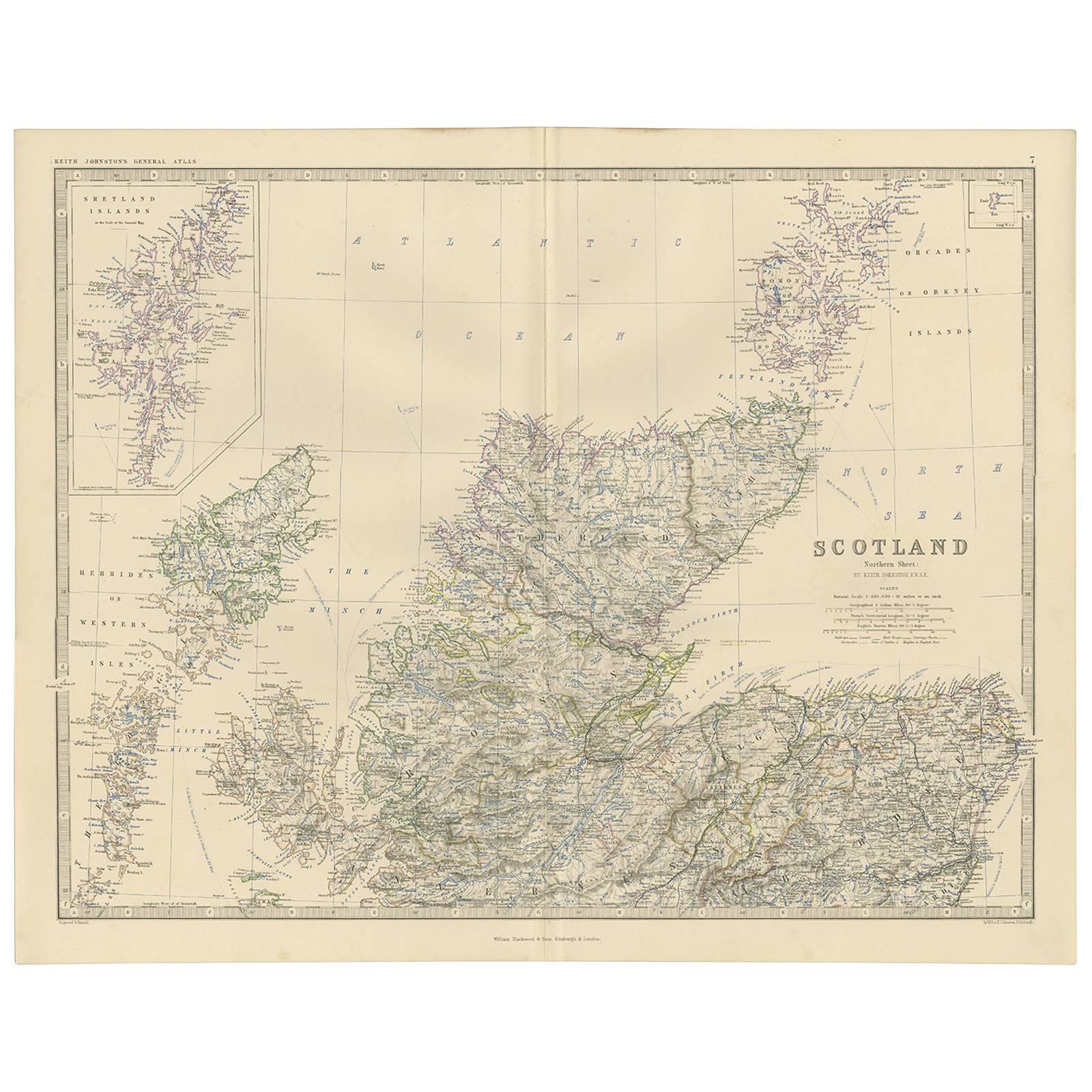 Antique Map of Scotland 'North' by A.K. Johnston, 1865