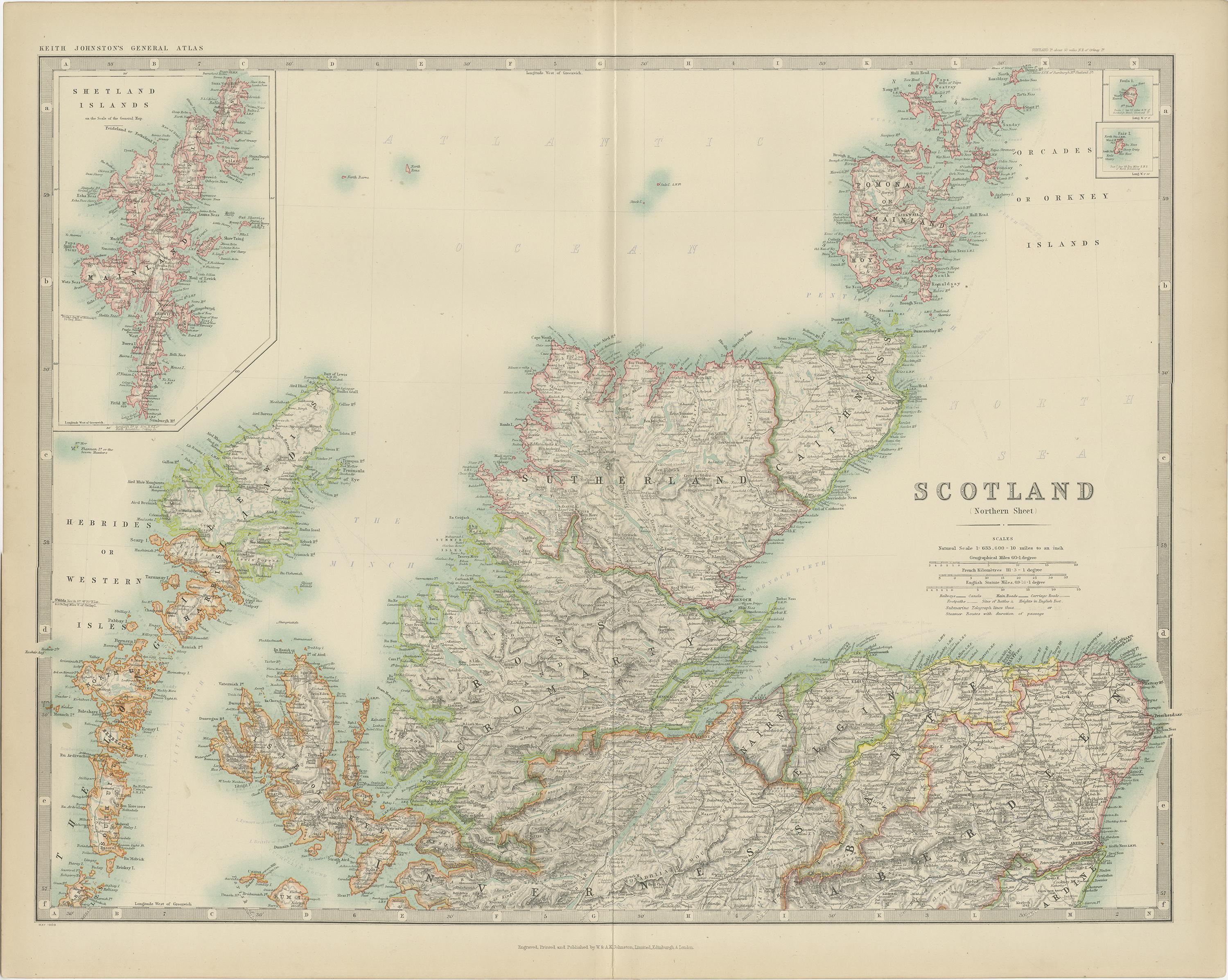 Antique map titled 'Scotland'. Original antique map of Scotland. With inset map of the Shetland Islands. This map originates from the ‘Royal Atlas of Modern Geography’. Published by W. & A.K. Johnston, 1909.