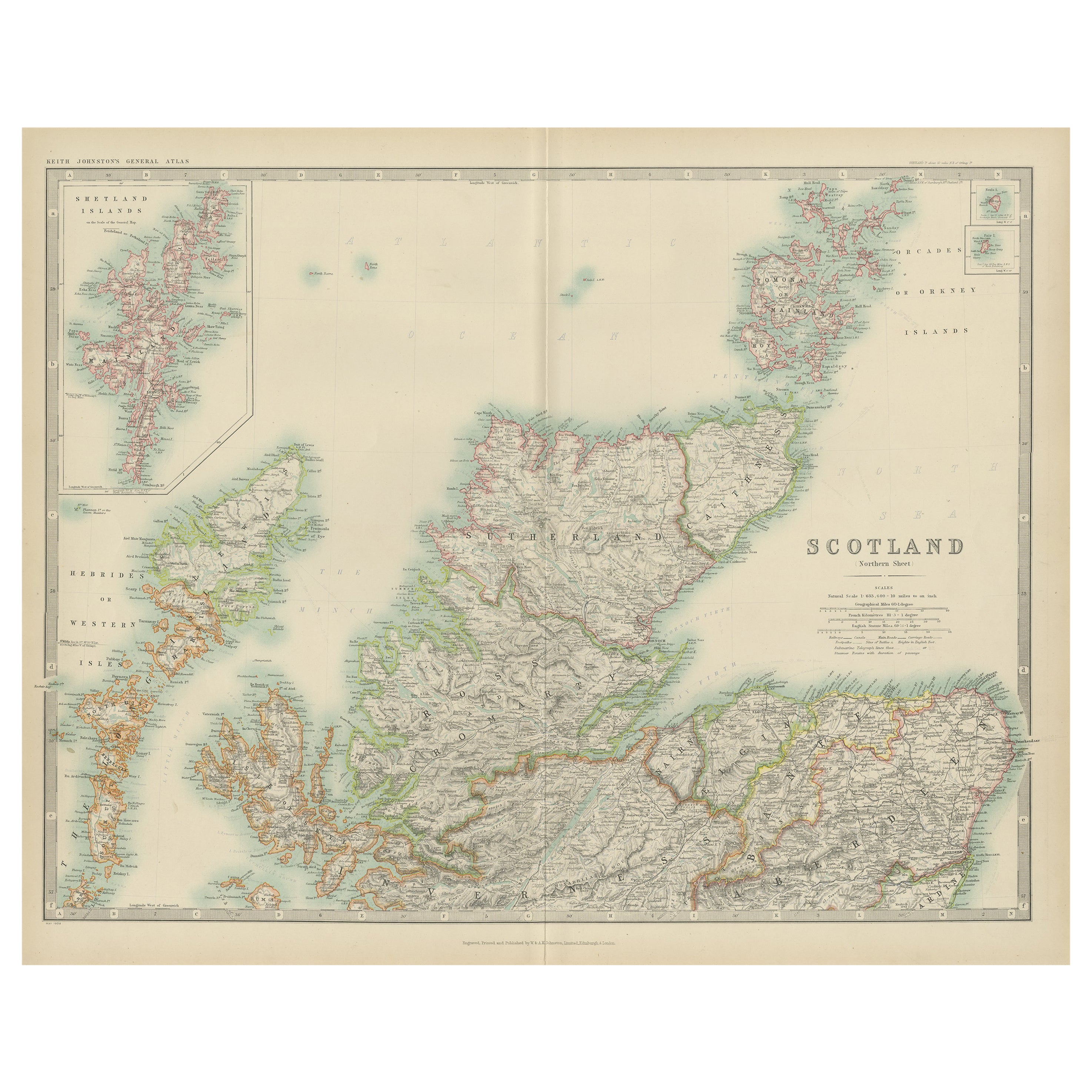 Carta geografica antica della Scozia "settentrionale" di Johnston, "1909