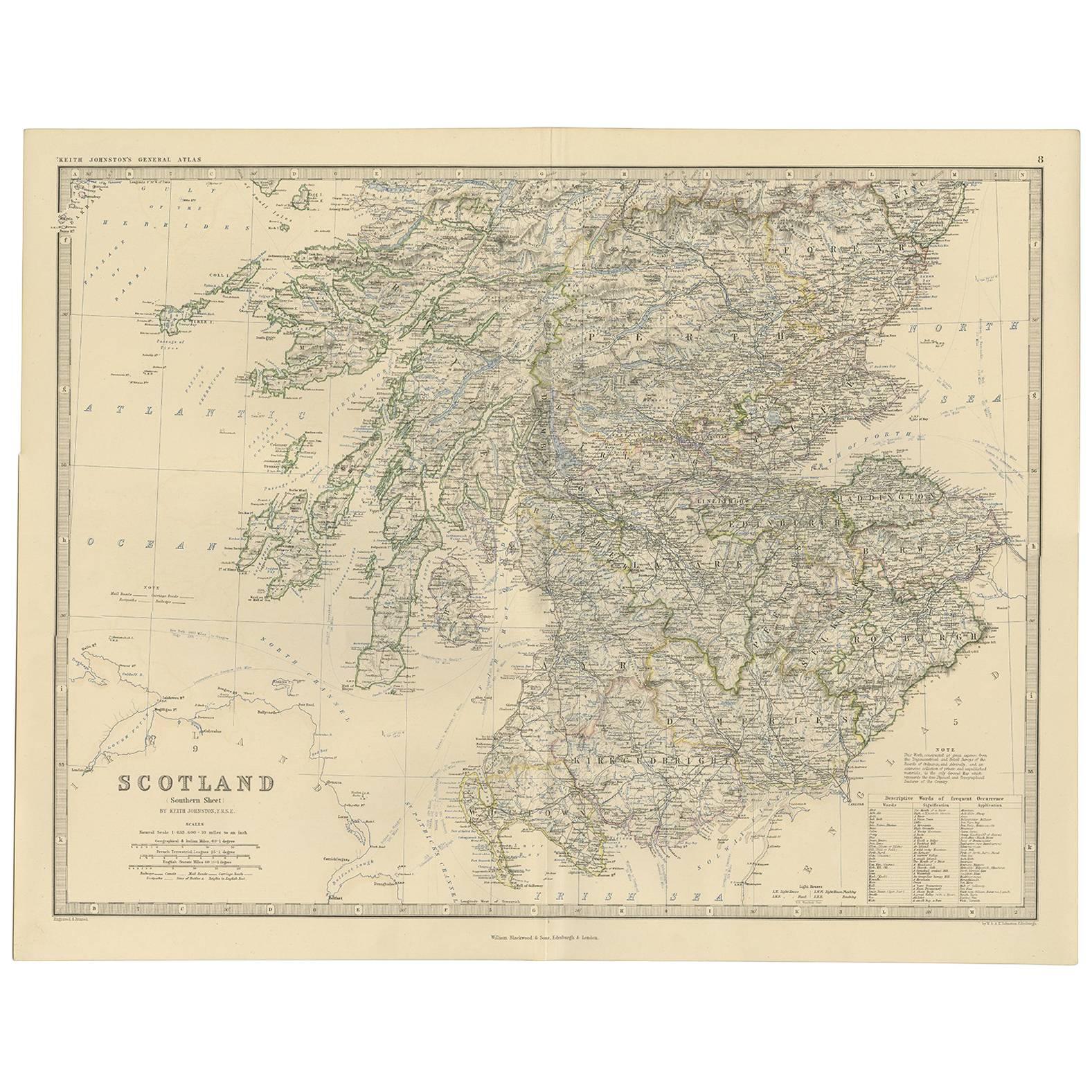 Antike Karte von Schottland „Süd“ von A.K. Johnston, 1865