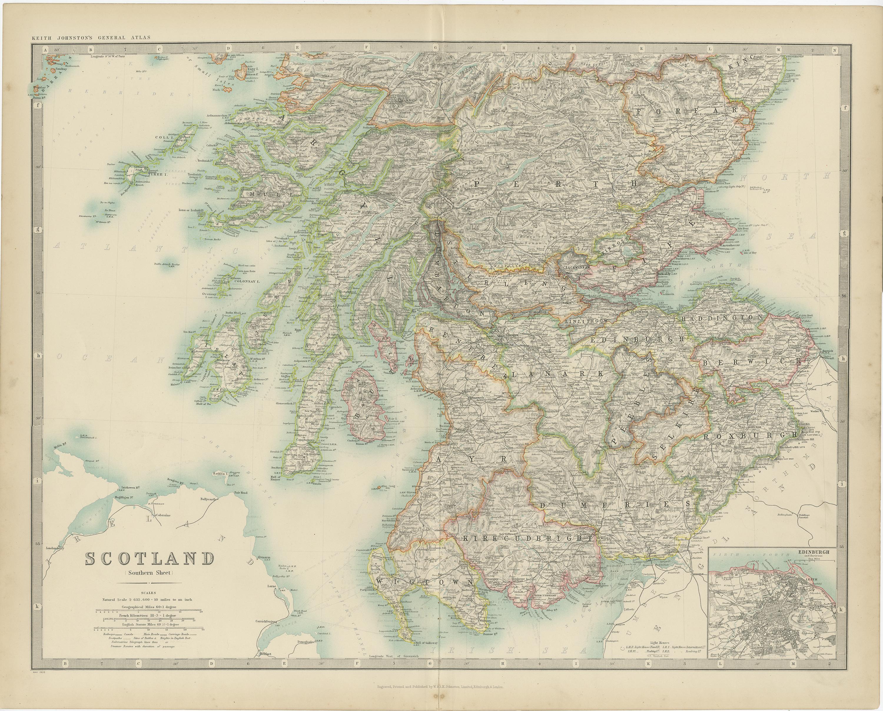 Antique map titled 'Scotland'. Original antique map of Scotland. With inset map of Edinburgh. This map originates from the ‘Royal Atlas of Modern Geography’. Published by W. & A.K. Johnston, 1909.