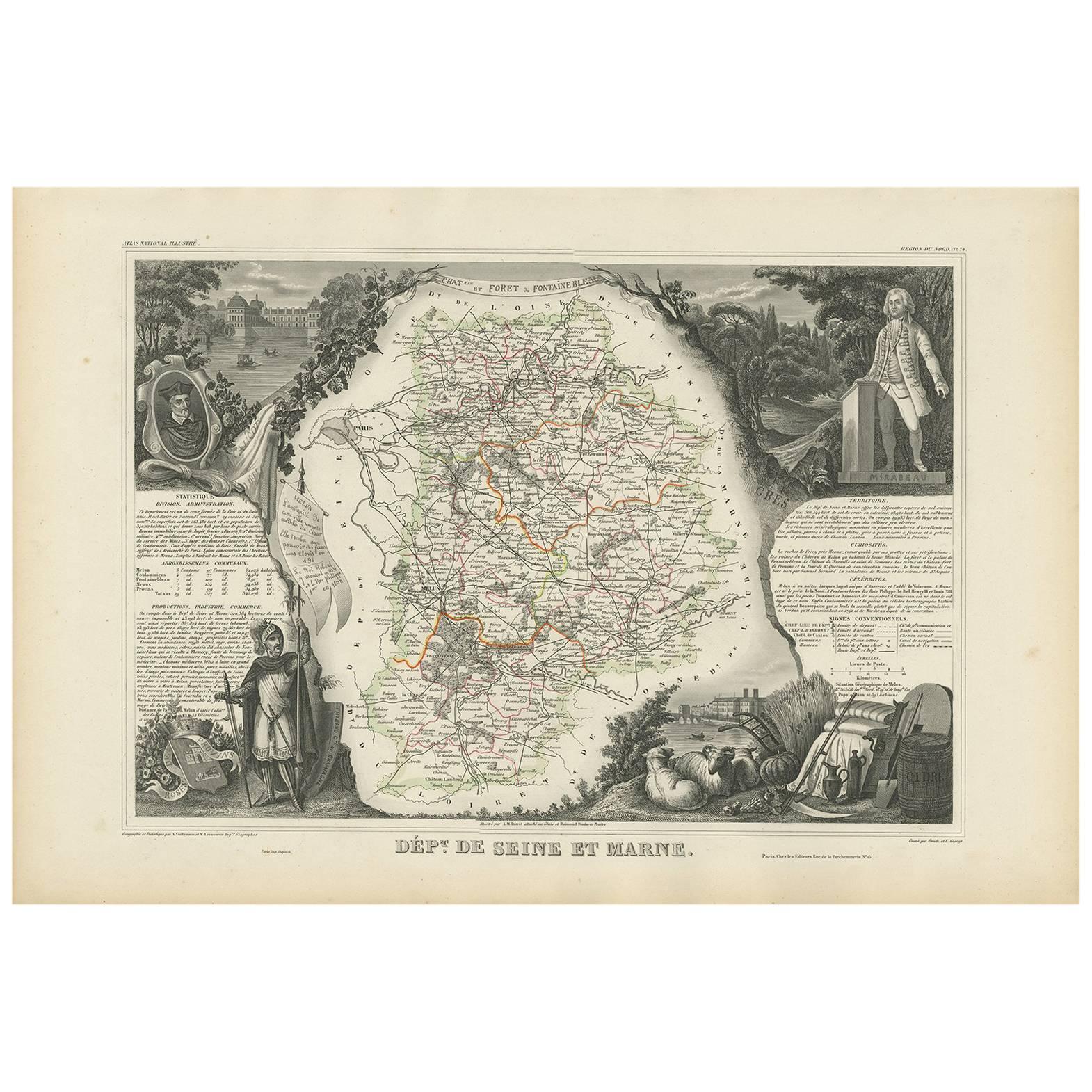 Antique Map of Seine et Marne 'France' by V. Levasseur, 1854 For Sale