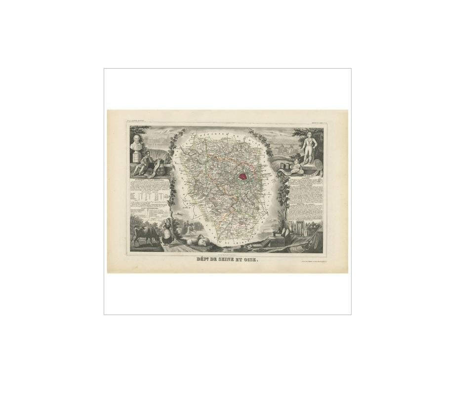 Antique map titled 'Dépt. de Seine et Oise'. Map of the French department of Seine-et-Oise. Centred on Versailles, its administrative centre, Seine-et-Oise extends from Espernon to Melun and from Pontoise to Etampes. Paris figures prominently in the
