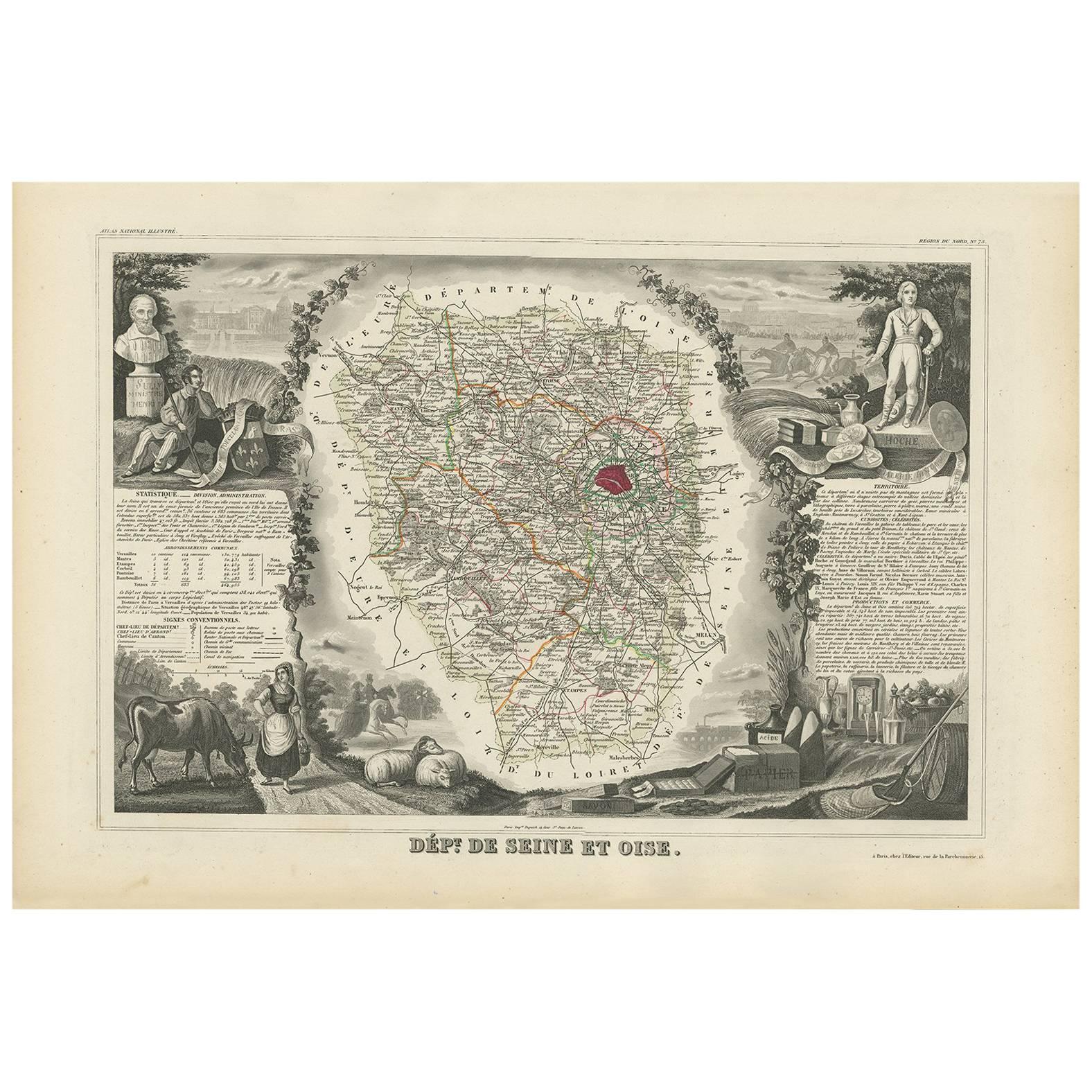 Antique Map of Seine et Oise 'France' by V. Levasseur, 1854 For Sale