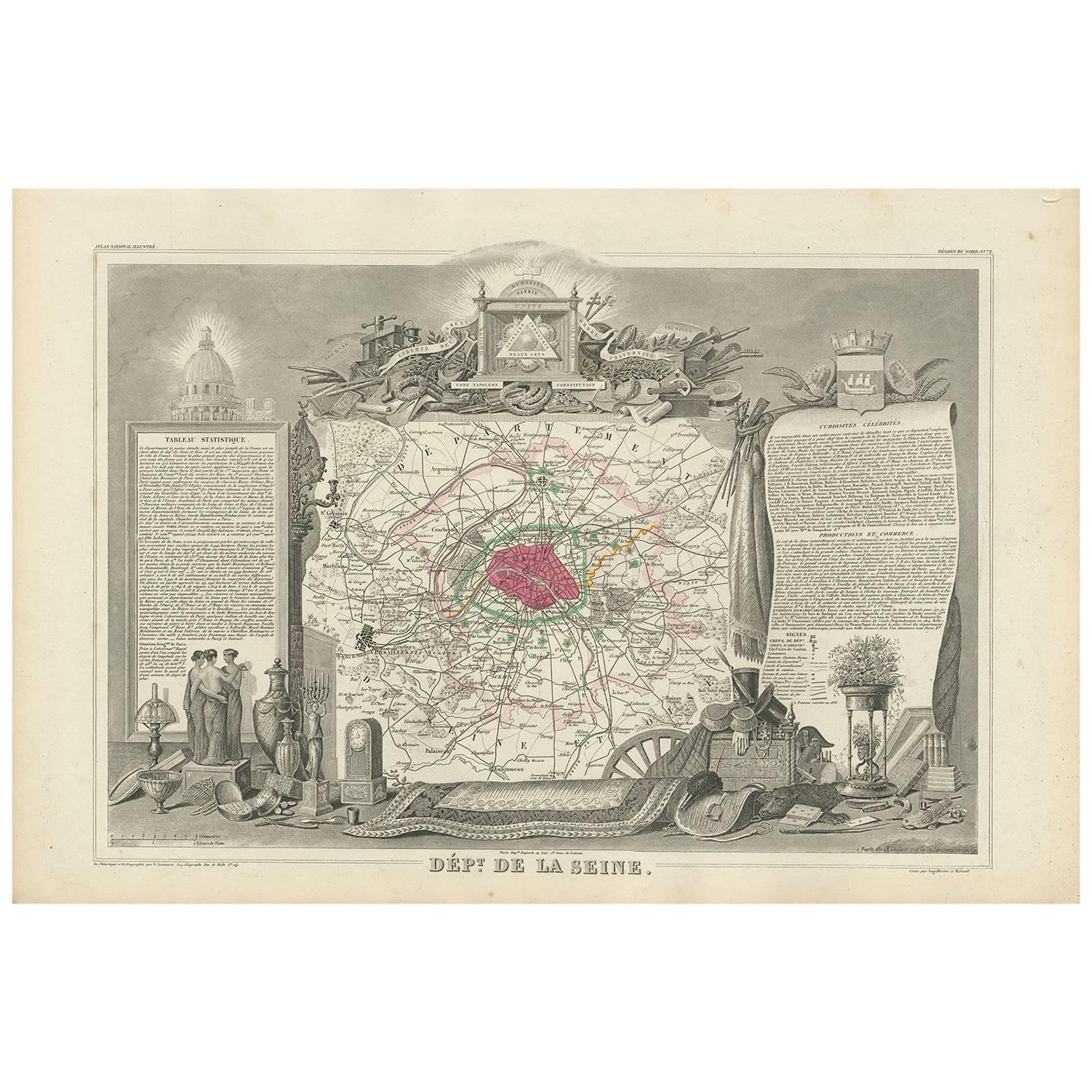 Decorative Antique Map of the Seine River and Paris in France, ca.1854
