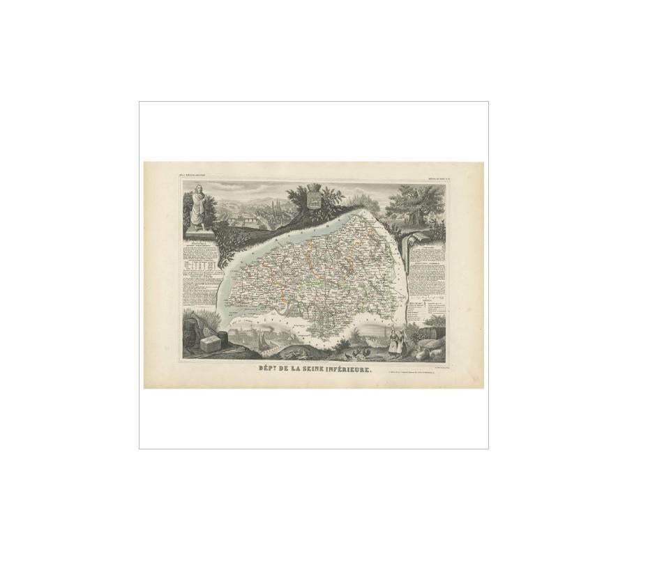 Antique map titled 'Dépt. de la Seine Inférieure'. Map of the French department of Seine Inferieure, France. Centered around its capital of Rouen, this area is known for its production of Gournay, a soft cheese of the fresh Neufchatel type. The map