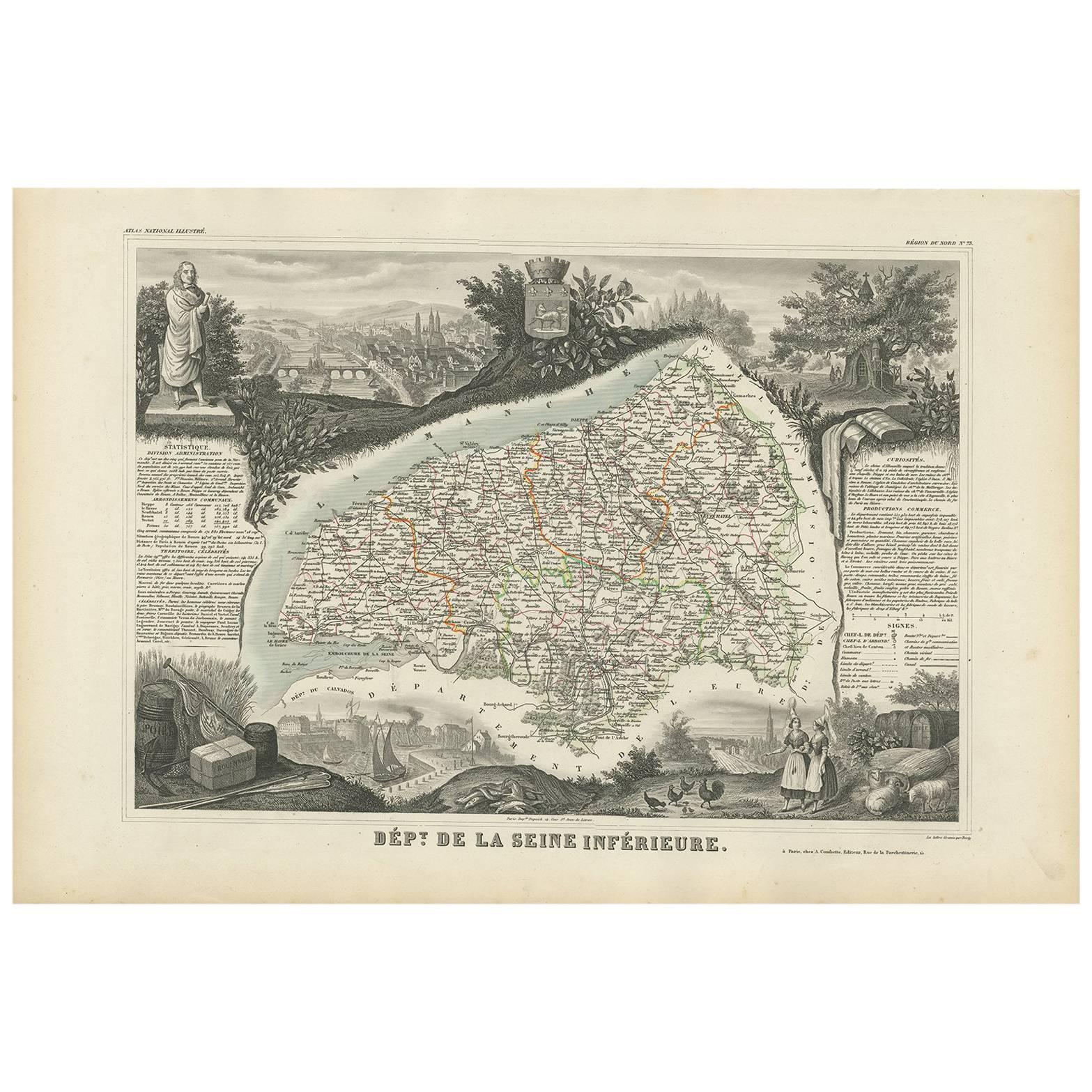 Antique Map of Seine Inférieure, France by V. Levasseur, 1854 For Sale