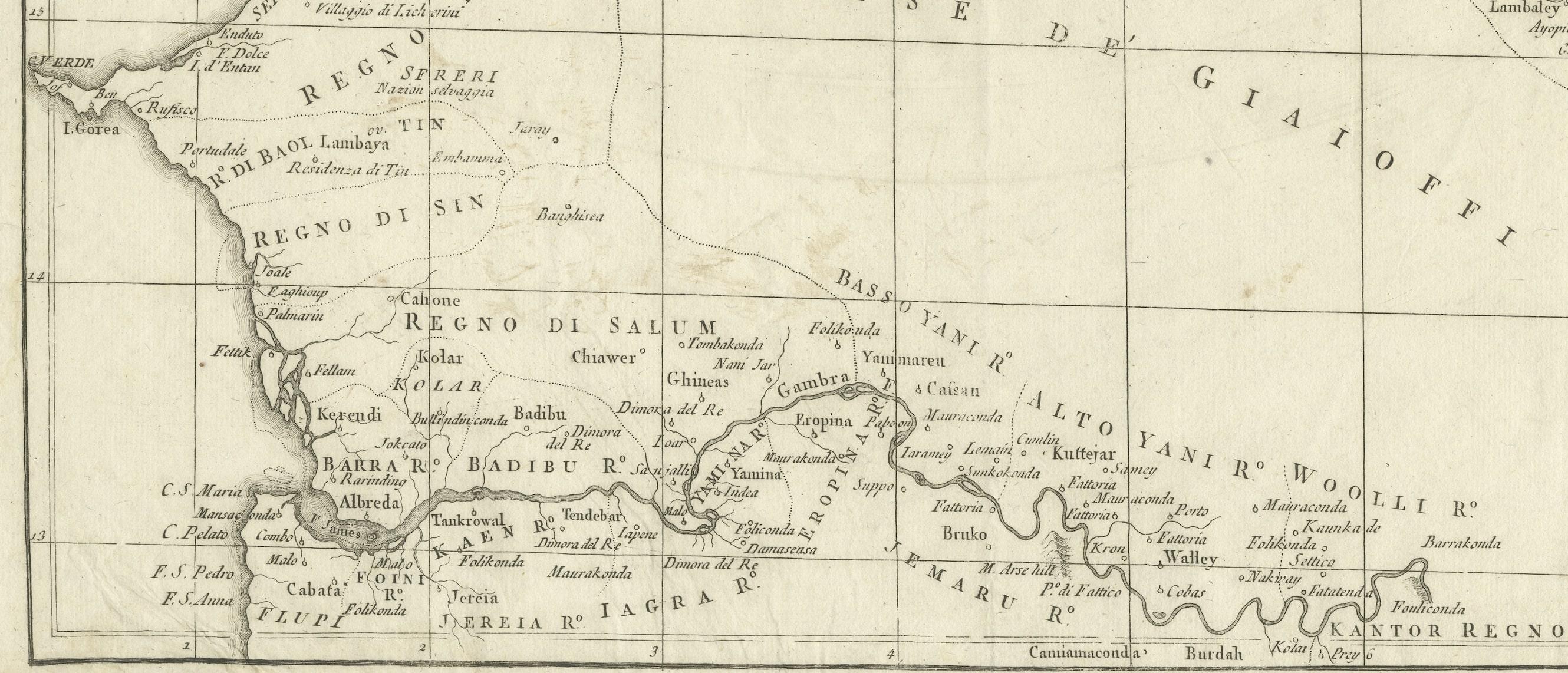 Original antique map titled 'Carta del Senegal'. Antique map of Senegal, West Africa. This map originates from 'Compendio della storia generale dei viaggi (..)'. Published by De la Harpe, 1781.