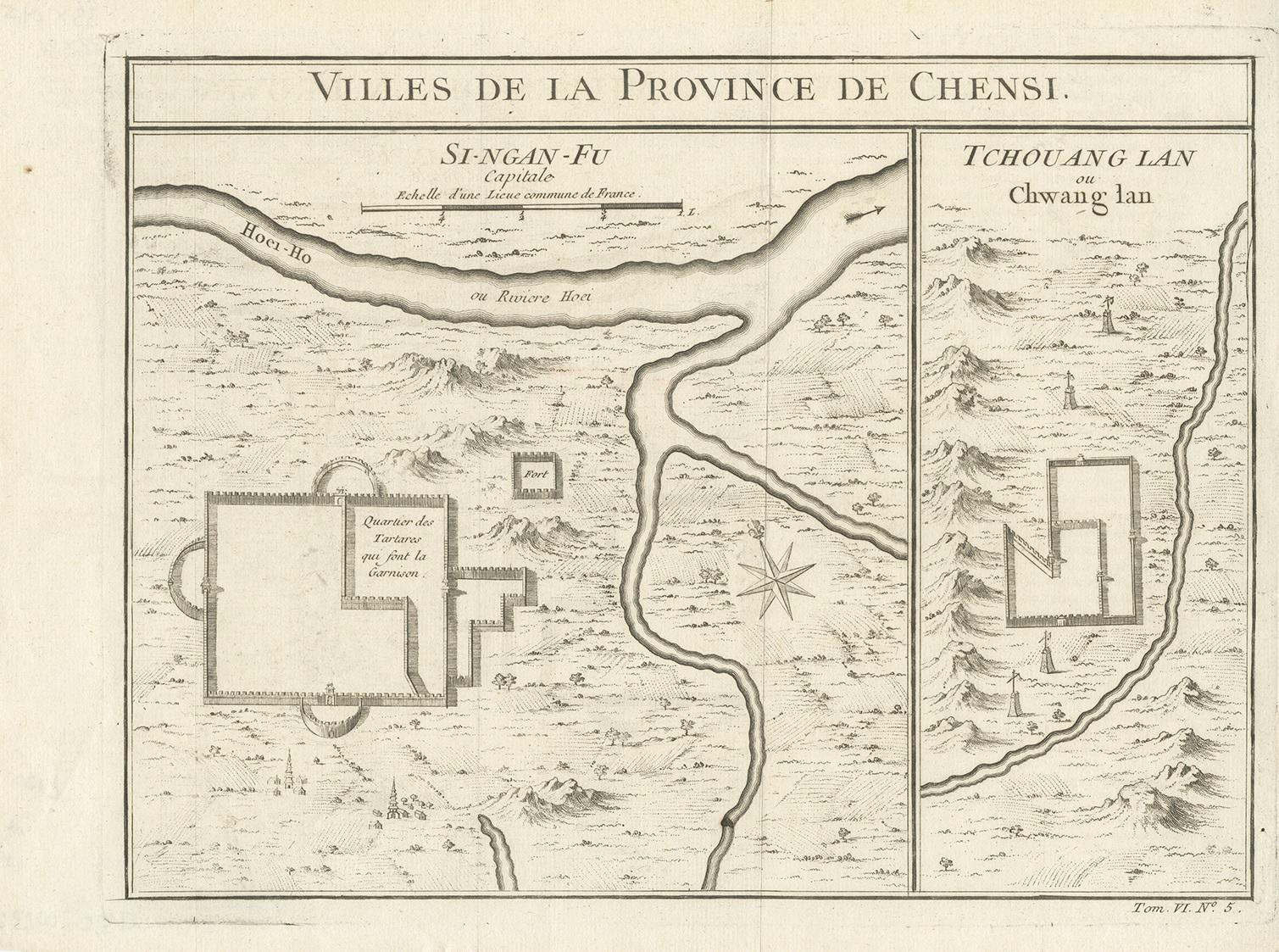 Antique map China titled ‘Villes de la Province de Chensi’. Interesting set of two local town plans of 