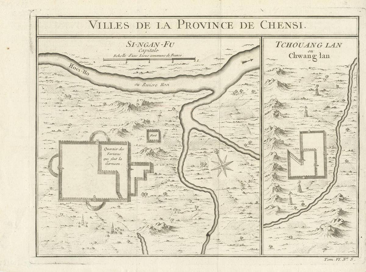 Antique Map of Si-Ngan-fu and Tchang Lan 'China' by Bellin '1748'