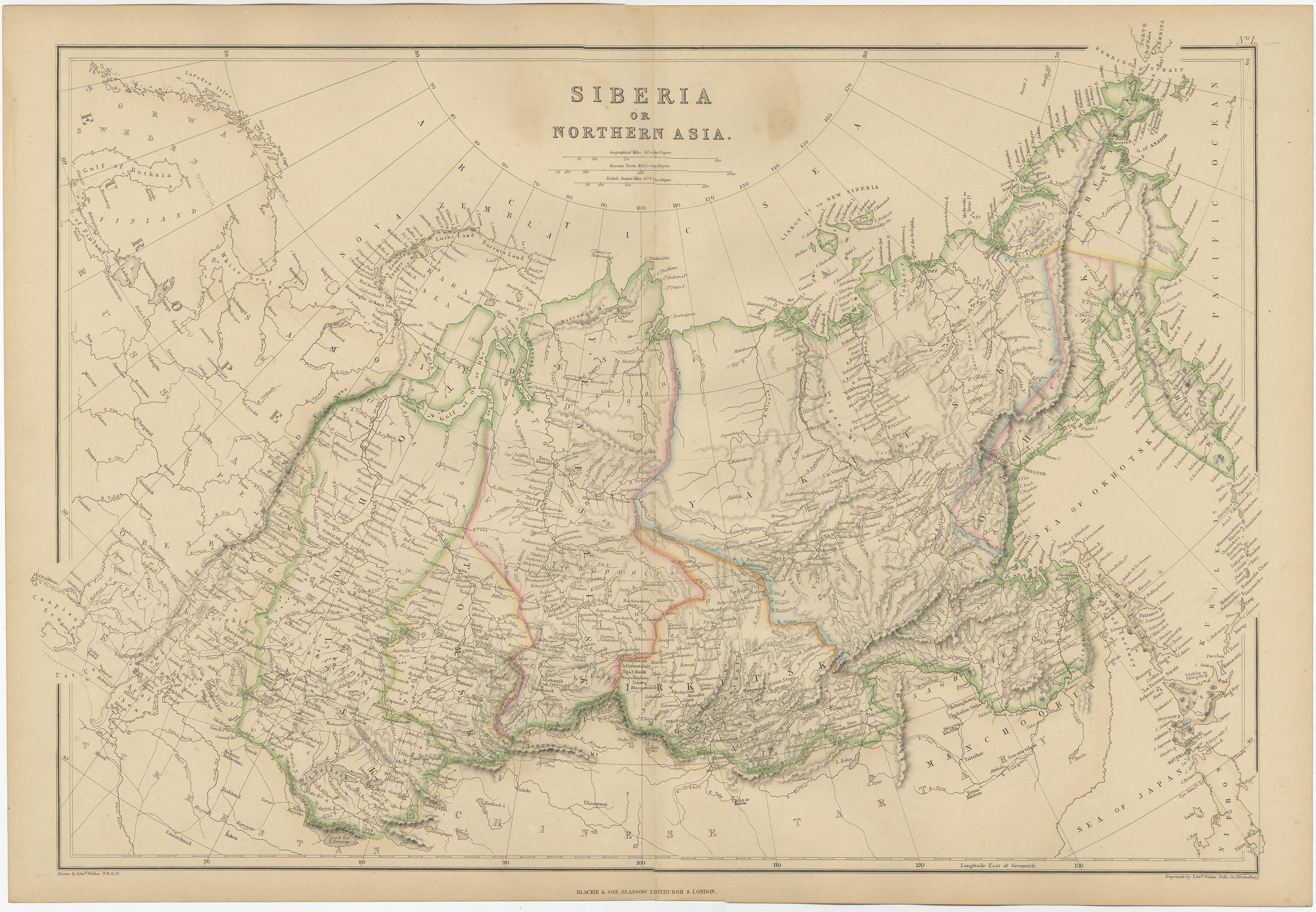 Antique map titled 'Siberia or Northern Asia'. Original antique map of Siberia or Northern Asia. This map originates from ‘The Imperial Atlas of Modern Geography’. Published by W. G. Blackie, 1859.