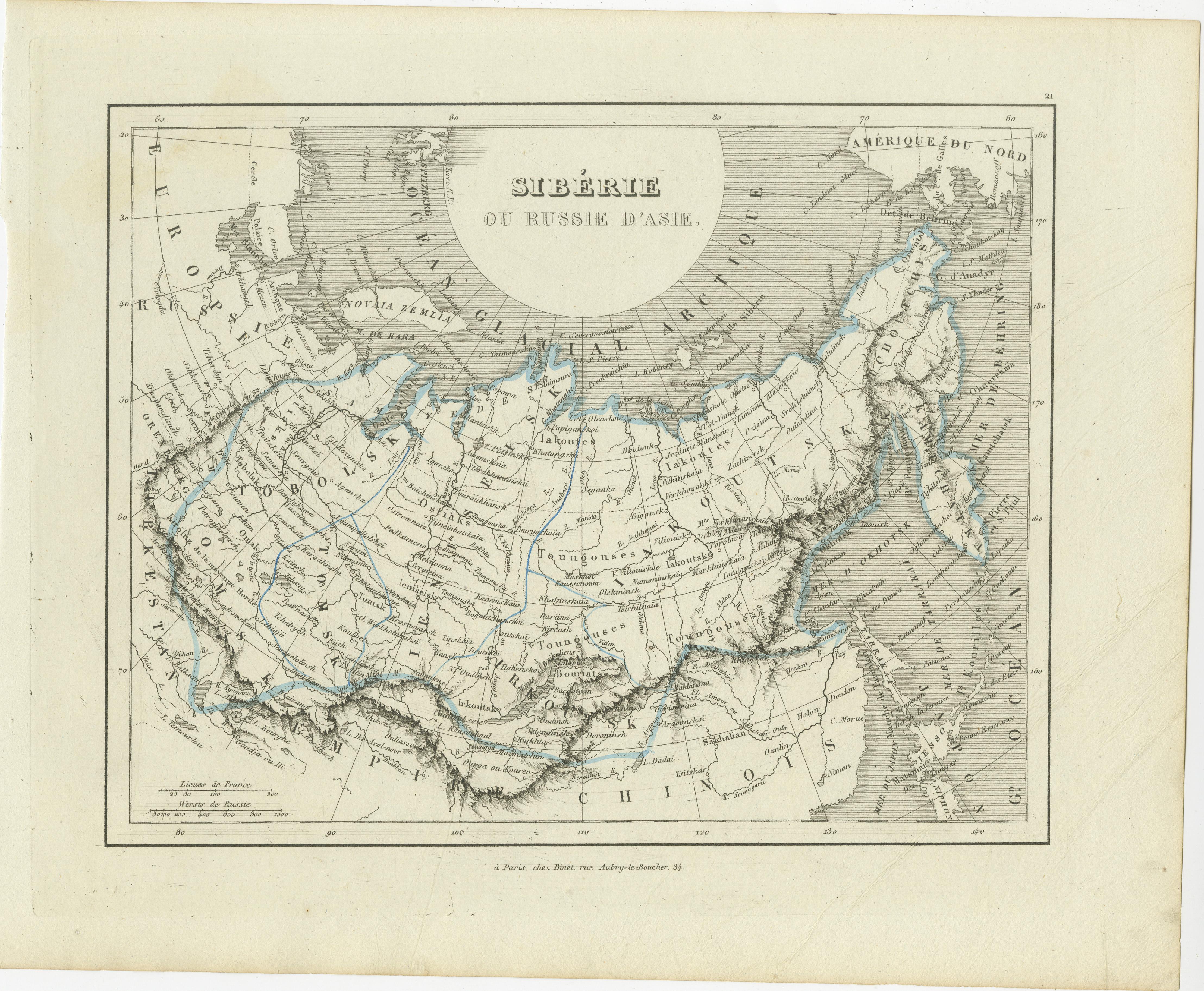 Antique map titled 'Sibérie ou Russie d'Asie'. Original old map of Siberia, constituting all of North Asia. Originates from 'Dictionnaire Universel de Geographie (..)'. Published by Binet, circa 1842.