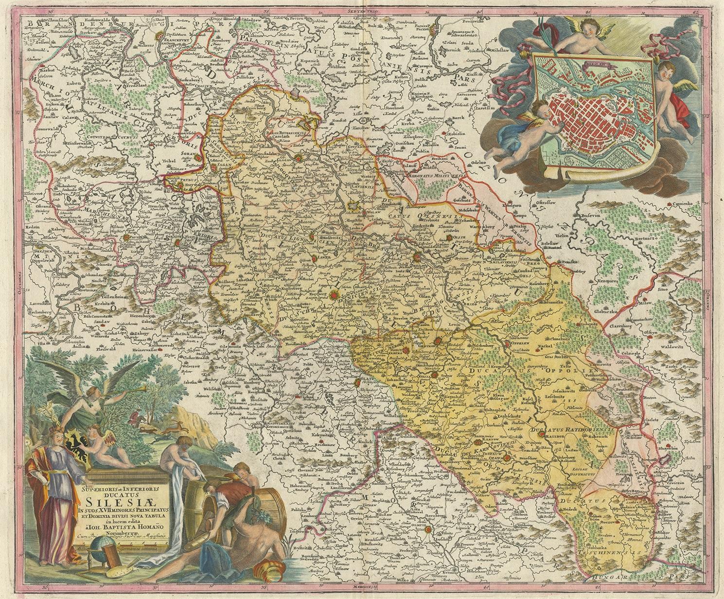 Antique map titled 'Superioris et Inferioris ducatus Silesiae (..)'. 

Detailed map of Silesia by Johann Baptist Homann. Shows the Southwestern part of Poland between Frankfurt Oder in the northwest, over Krosno Odrzanskie, Glogów, Freiberg, Brzeg,