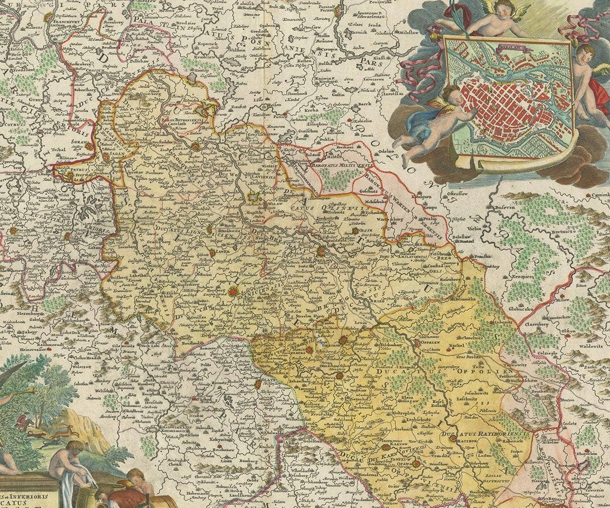 Antique Map of Silesia, Southwest Poland and a City View of Wroclaw, c 1720