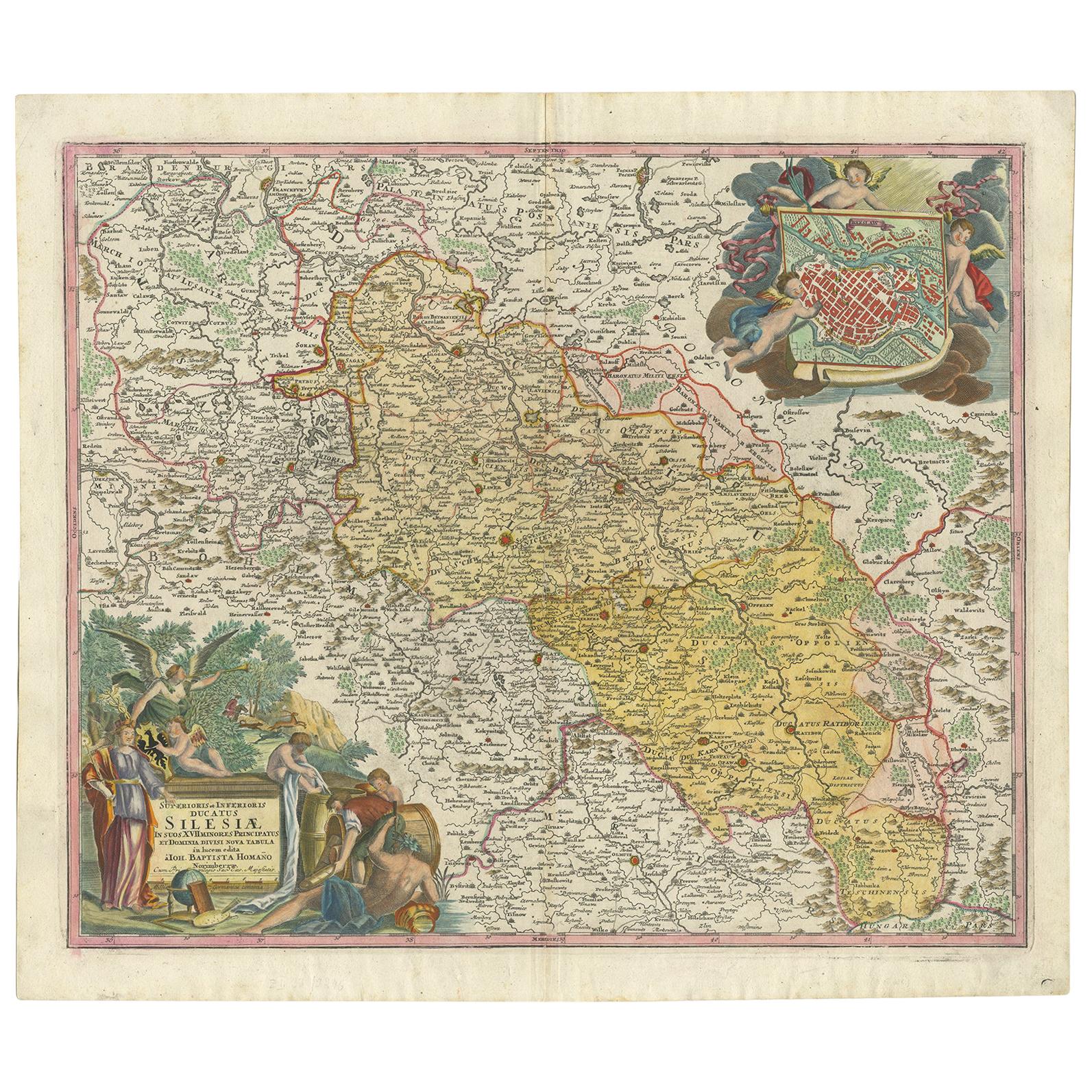 Carte ancienne de Silesia, Pologne du Sud-Ouest et une vue de la ville de Wroclaw, vers 1720