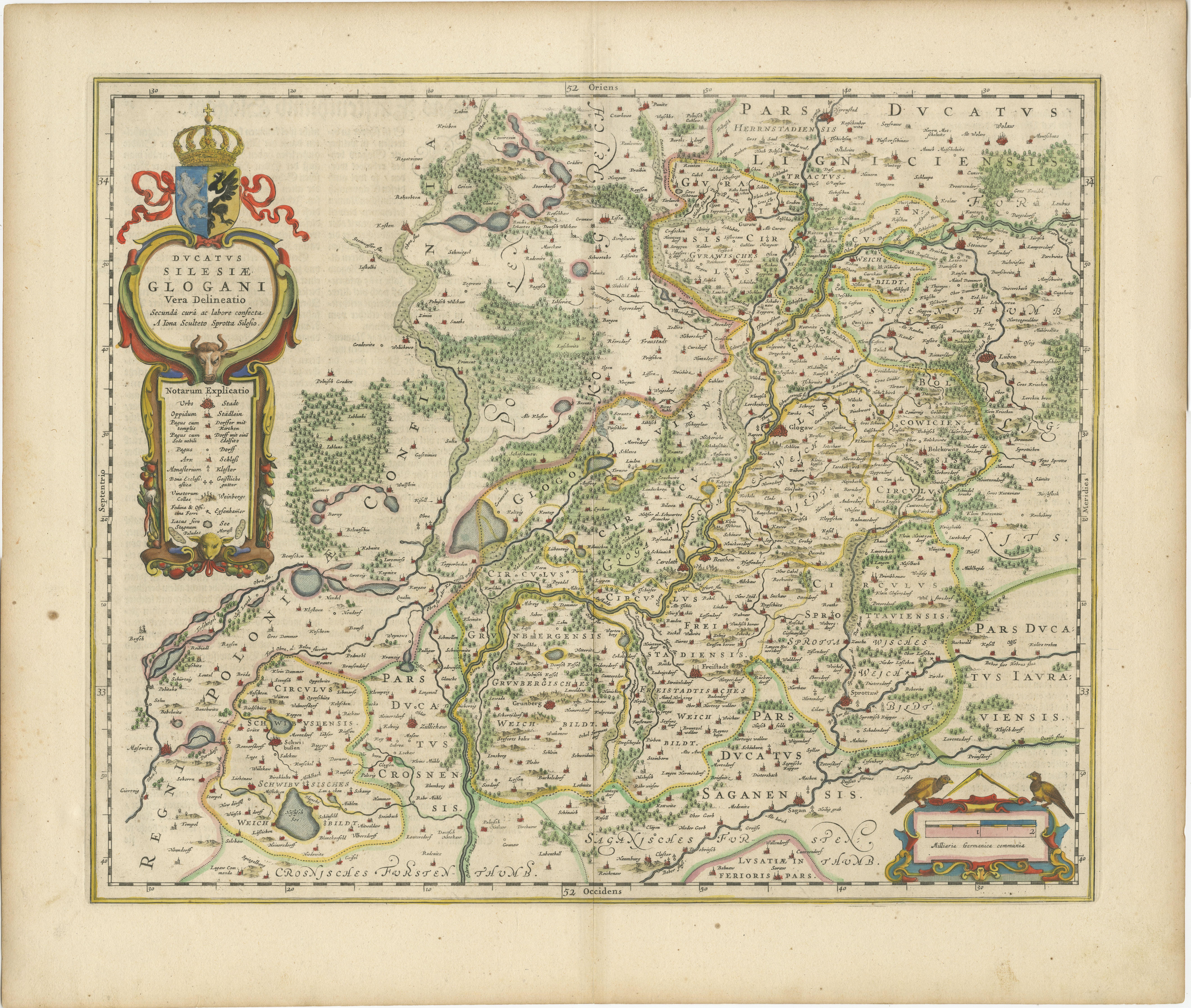 Antique map titled 'Ducatus Silesiae Glogani vera delineatio'. This decorative map shows the Odra River valley based on the Silesian cartographer, Jonas Scultetus. The map is oriented with north to the left and is roughly centered on the city of