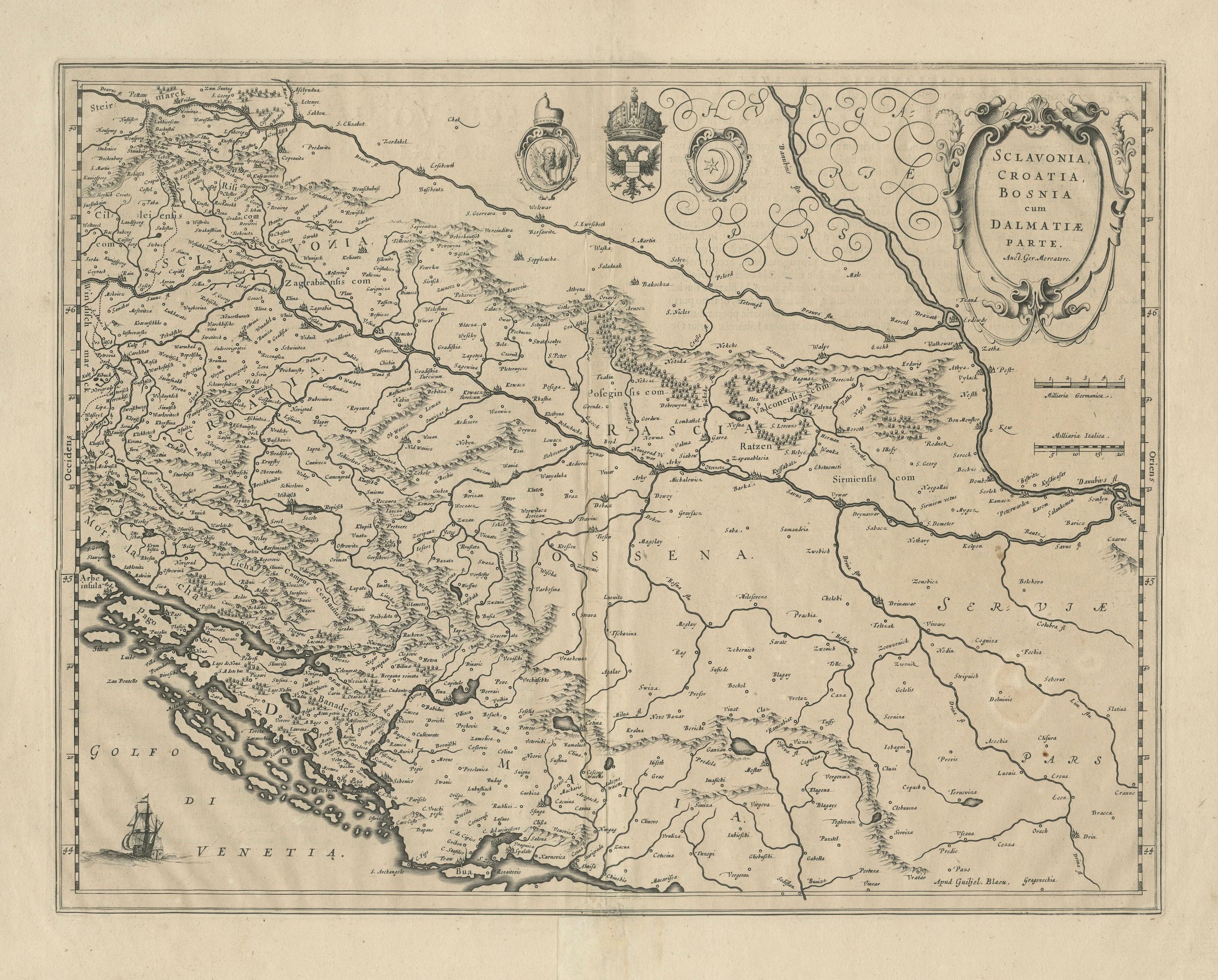 Antique Map of Slavonia, Croatia, Bosnia and Dalmatia by Janssonius, circa 1640

This elegant and detailed map titled Sclavonia, Croatia, Bosnia cum Dalmatiae Parte was published by Johannes Janssonius around 1640 in Amsterdam. It depicts the