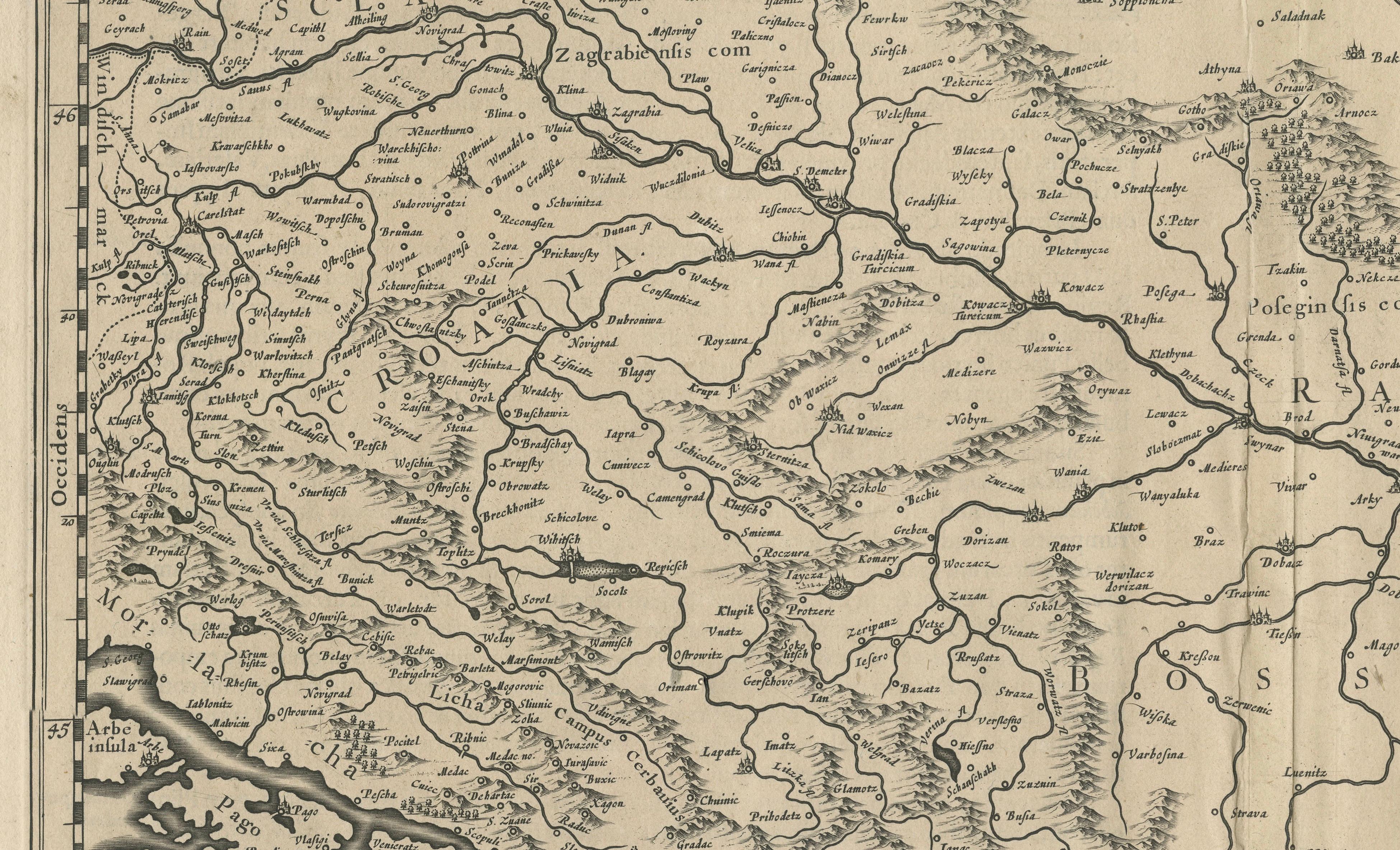 Paper Antique Map of Slavonia, Croatia, Bosnia and Dalmatia by Janssonius, circa 1640 For Sale