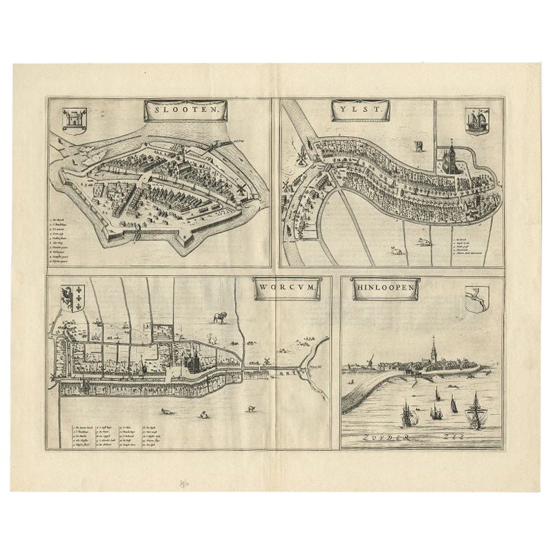 Carta geografica antica di Sloten, IJlst, Workum e Hindeloopen di Blaeu, 1652