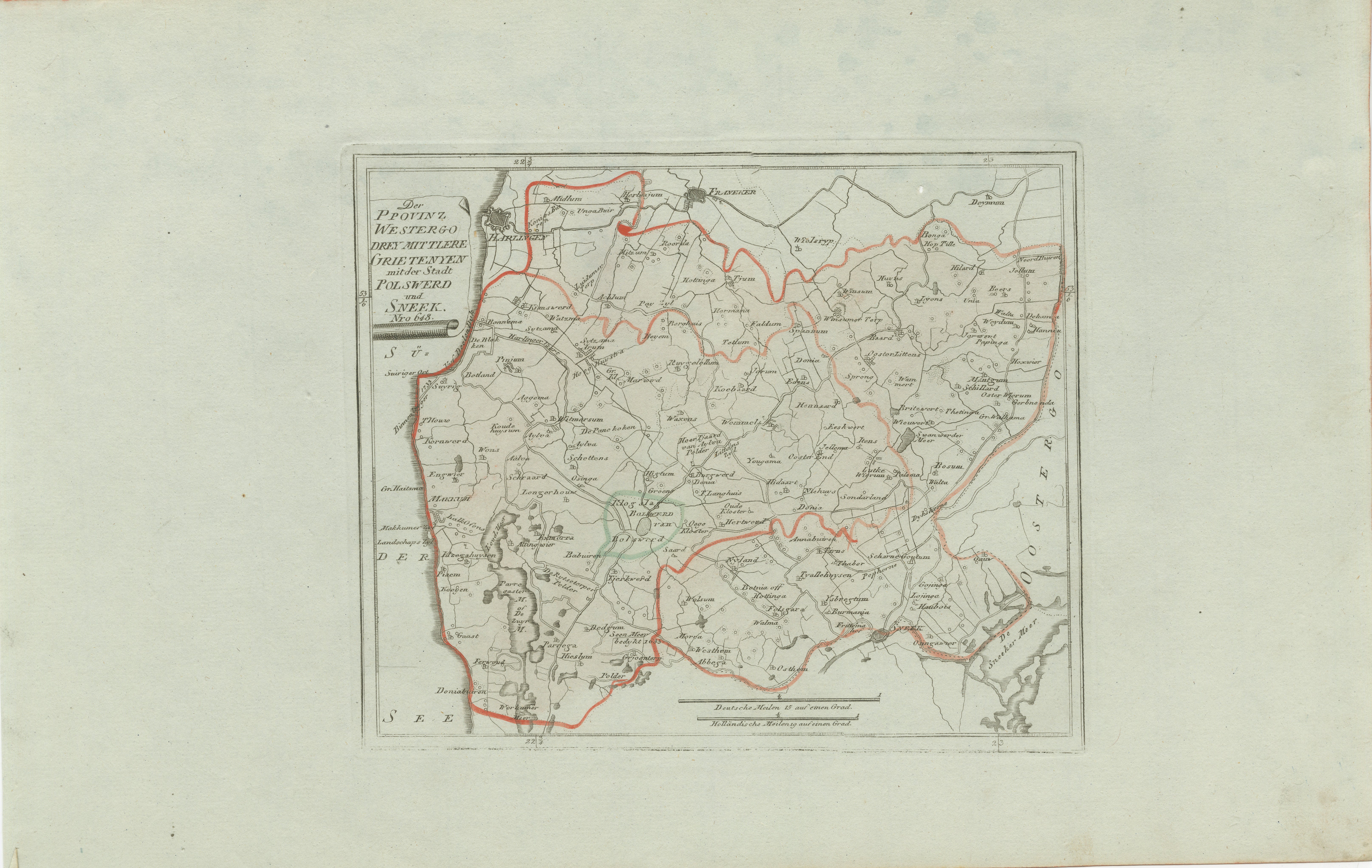 Carte ancienne de Sneek et Bolsward, Frise par von Reilly, 1791

Carte originale gravée intitulée Der Provinz Westergo drey mittlere Grietenyen, mit der Stadt Bolsward und Sneek No. 641, publiée à Vienne en 1791. Cette carte détaillée présente les