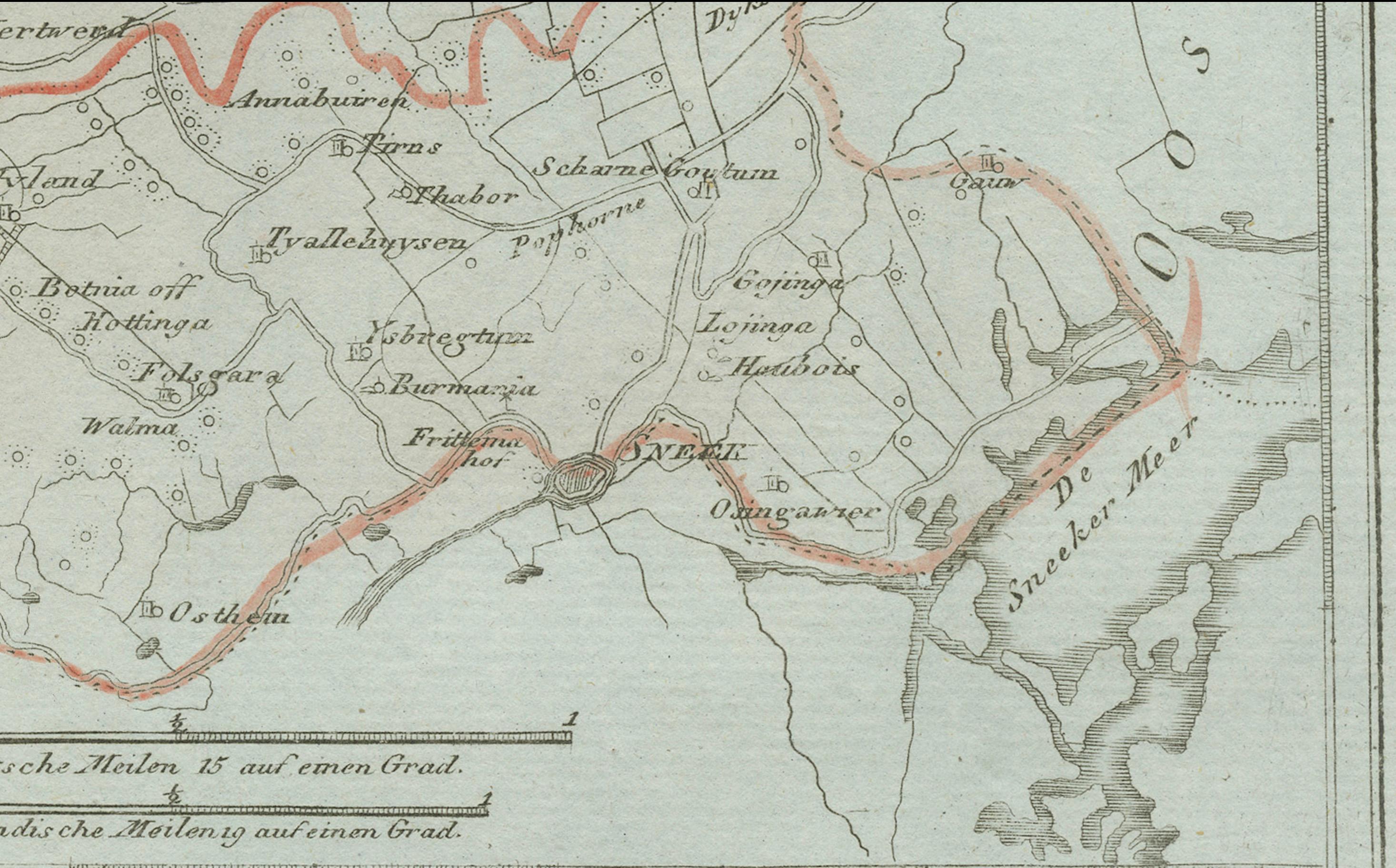 Austriaco Carta geografica antica di Sneek e dintorni, Frisia di von Reilly, 1791 in vendita