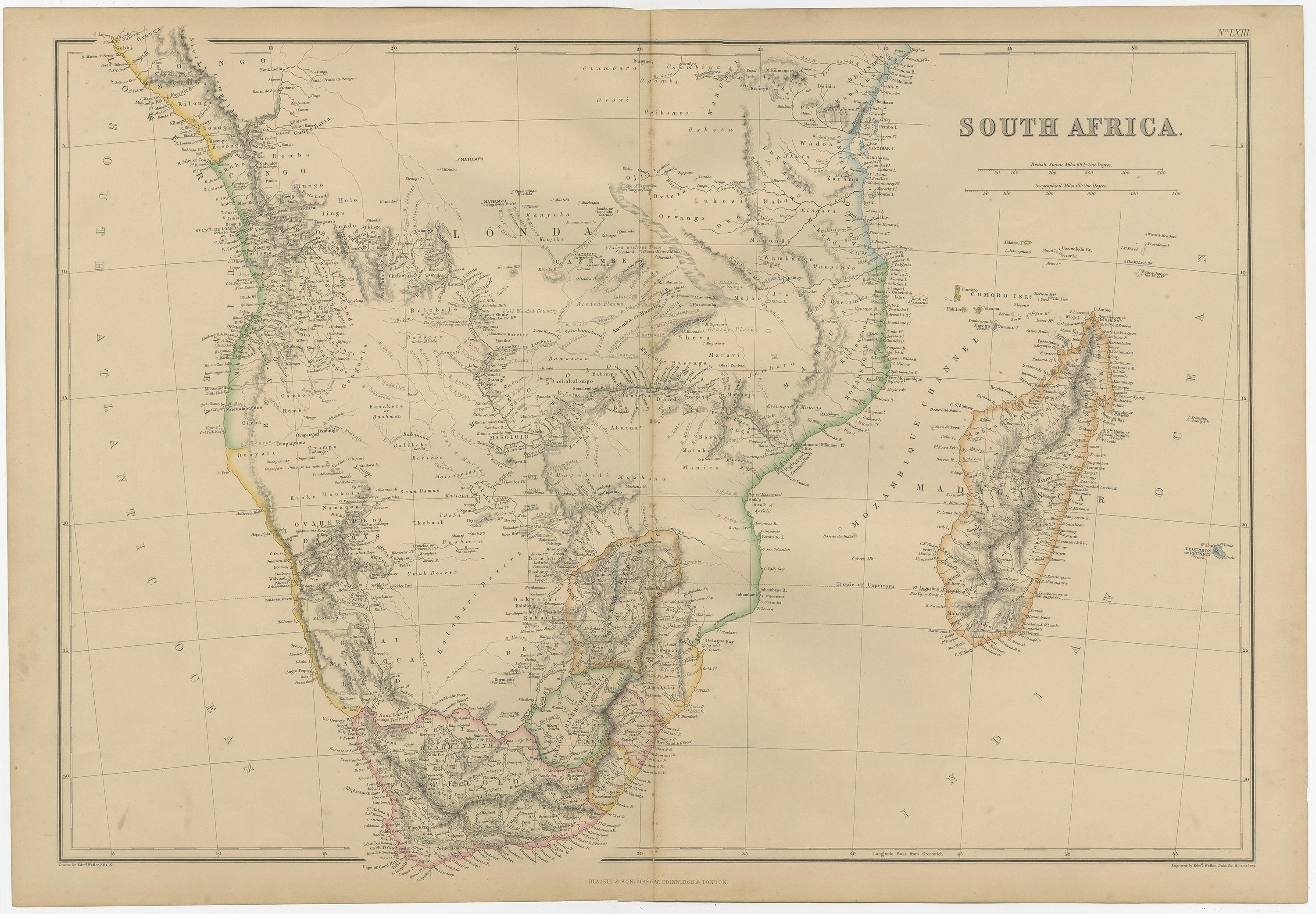 Antique map titled 'South Africa'. Original antique map of South Africa. This map originates from ‘The Imperial Atlas of Modern Geography’. Published by W. G. Blackie, 1859.