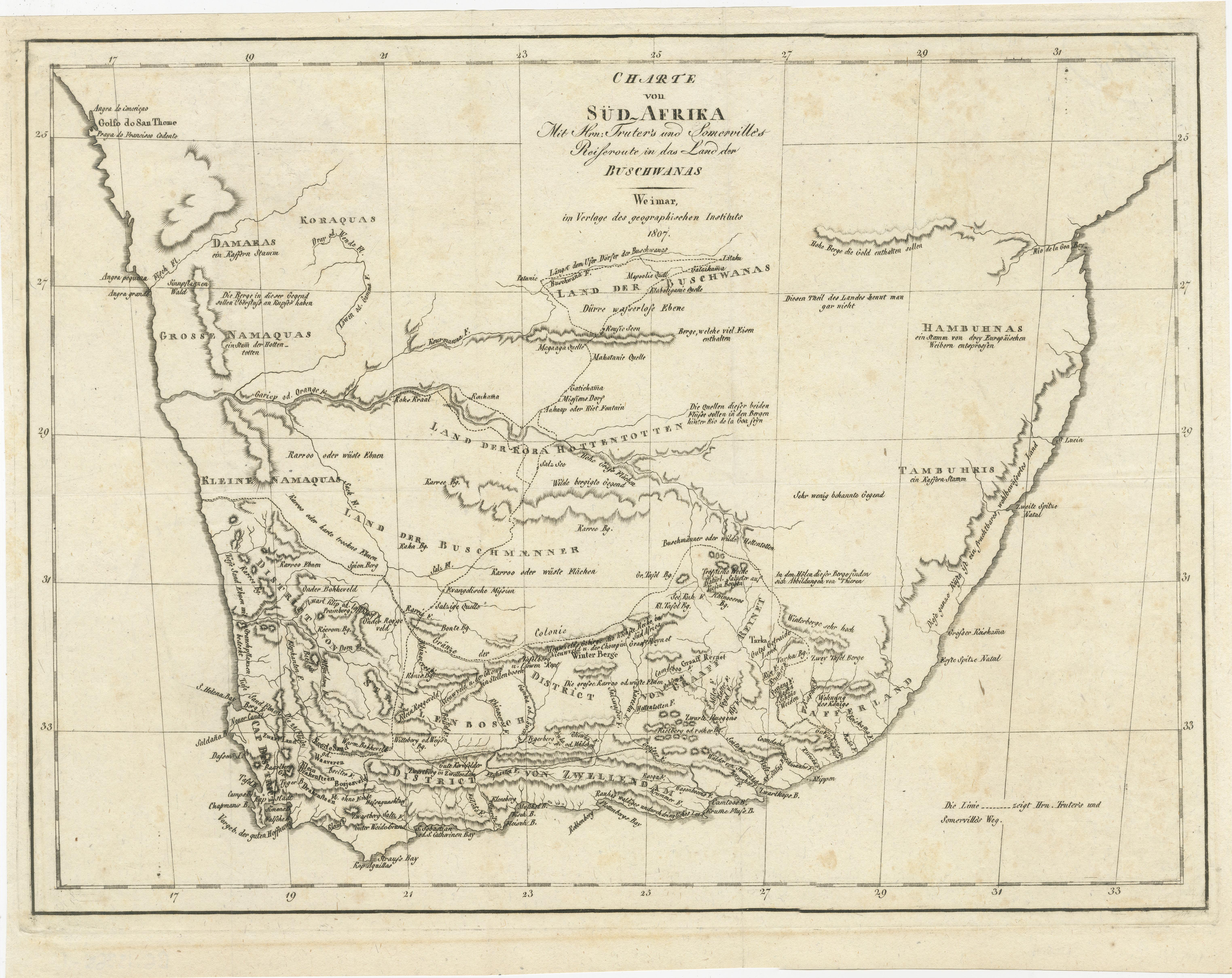 Antique map titled 'Charte von Süd-Afrika'. Original antique map of South Africa showing the travels of Truter and Somerville. Published circa 1807.