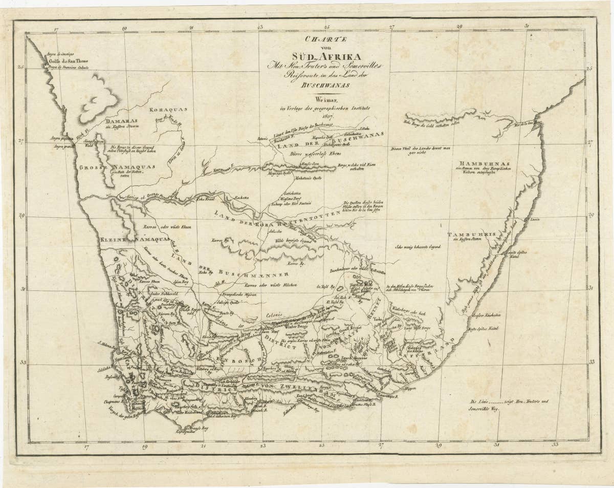 Antique Map of South Africa showing the Travels of Truter and Somerville