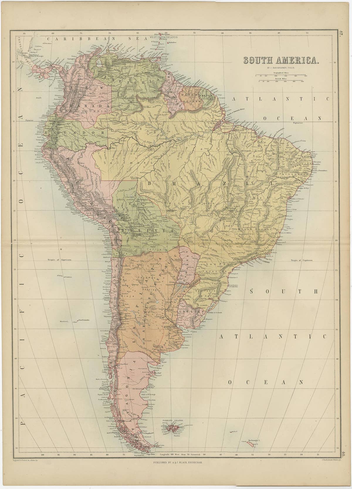 Antique Map of South America by A & C. Black, 1870