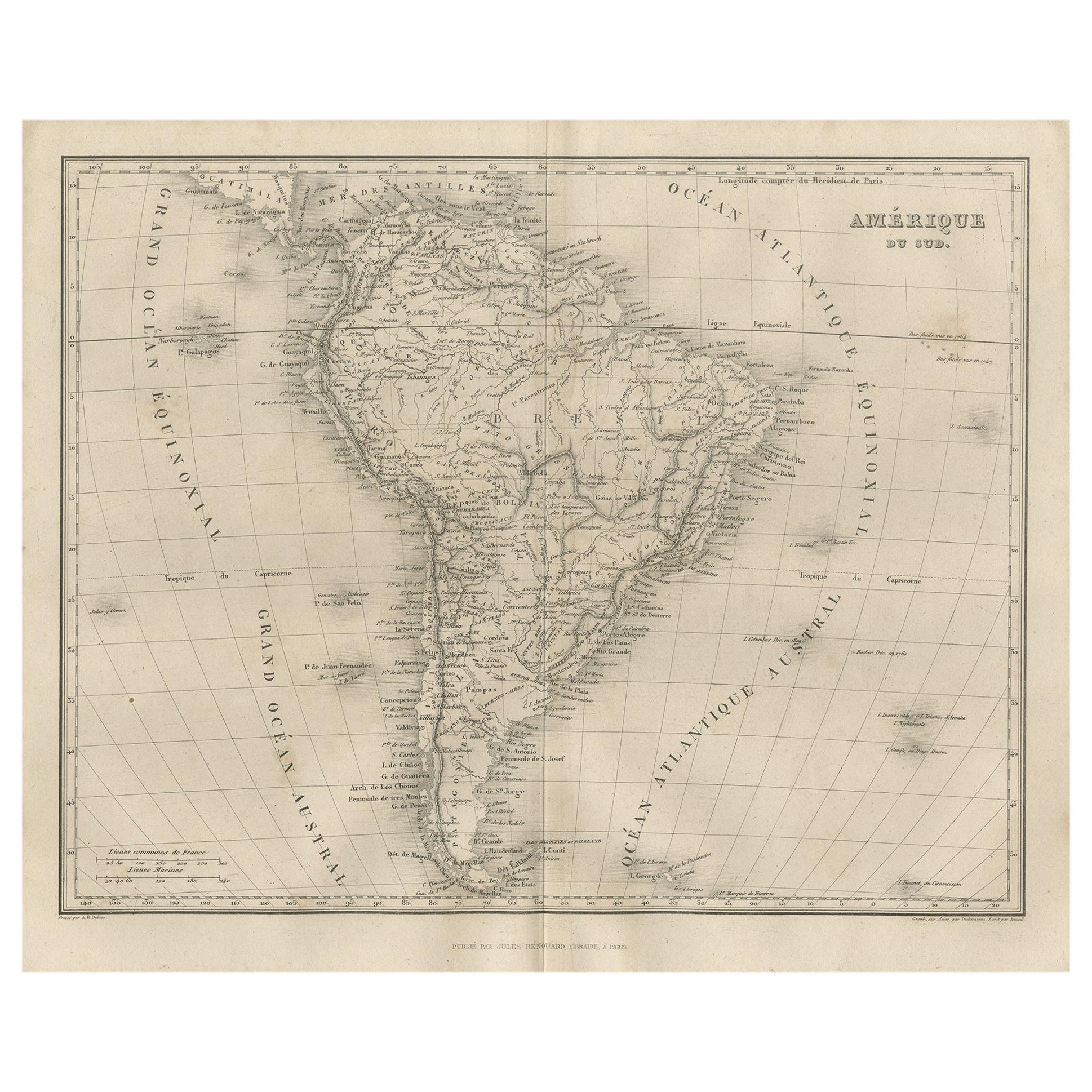 Antique Map of South America by Balbi '1847' For Sale