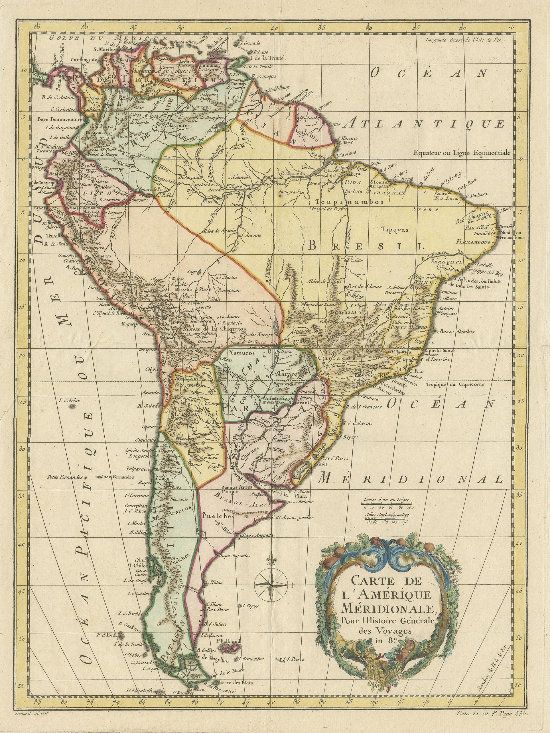 Antique map titled 'Carte de l'Amerique Méridionale'. Original antique map of South America. Note the 'Laguna de Xarayes' is illustrated as the source of the Paraguay river. The laguna is now known as Pantanal, world's largest tropical wetland area.