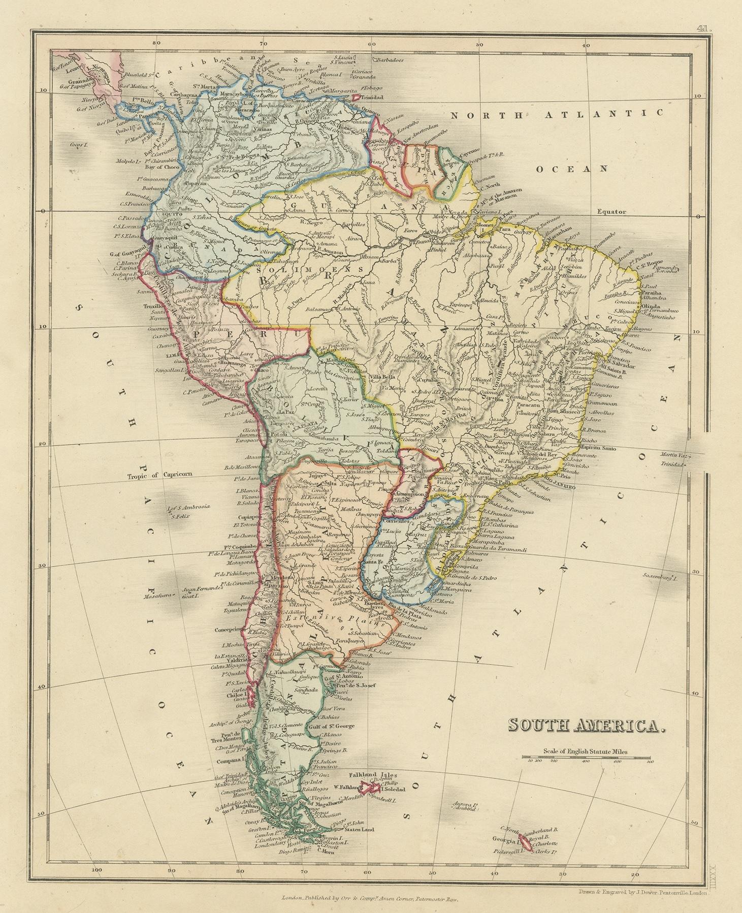Antique map titled 'South America'. Old map of South America. Published by Orr & Company, Amen Corner, Paternoster Row, London.
