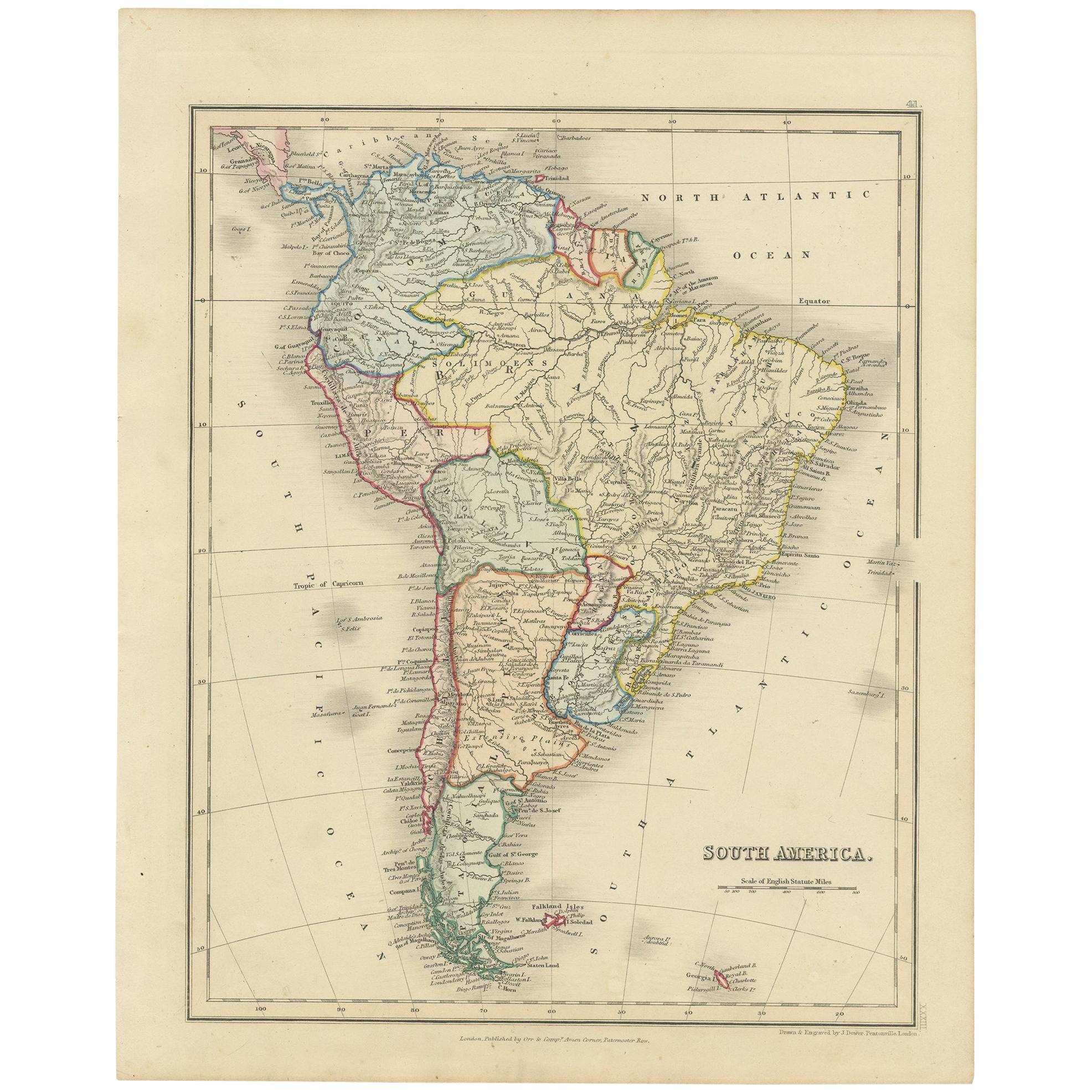 Antike Karte Südamerikas von Dower, um 1845