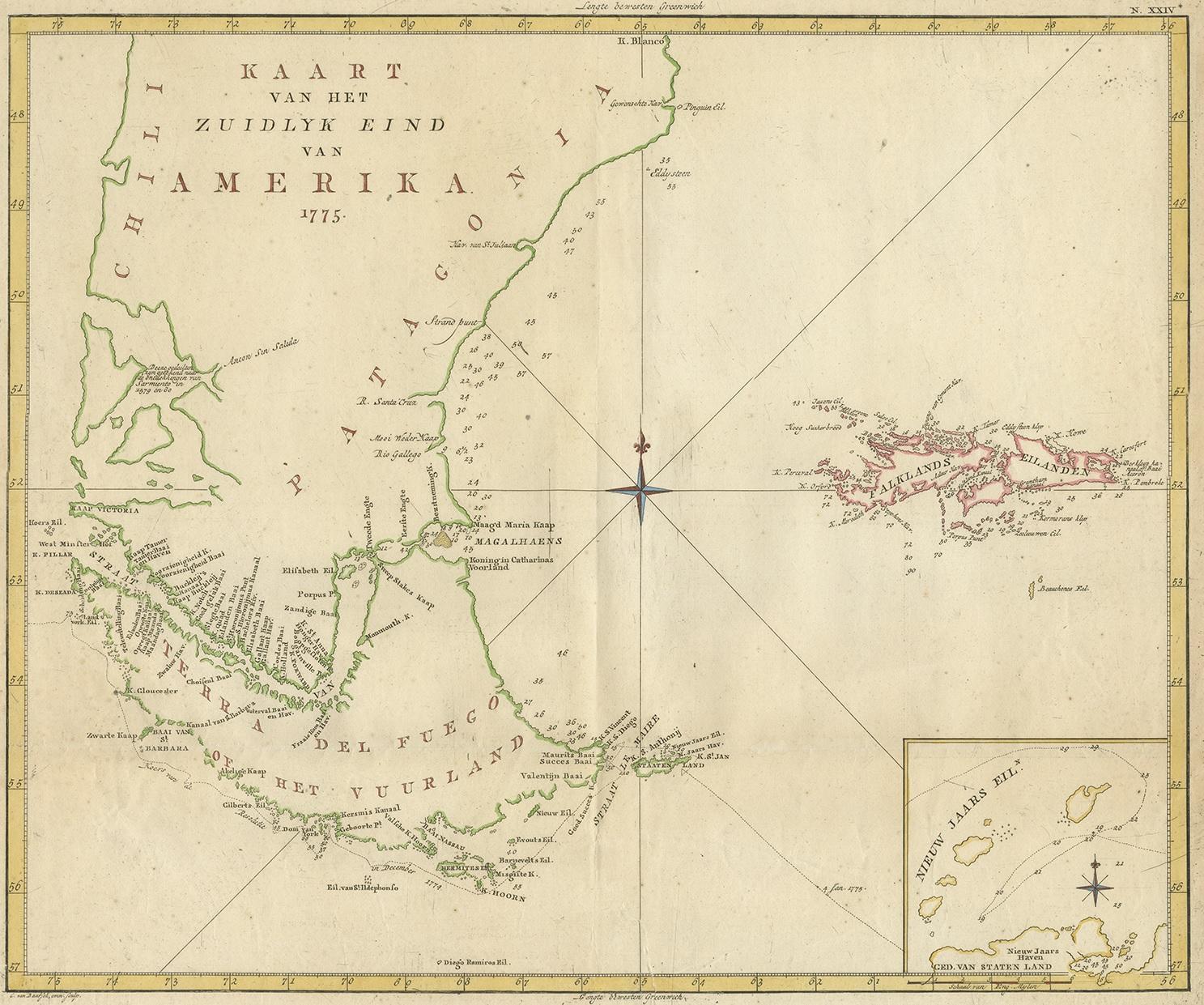 Antique map titled 'Kaart van het Zuidlyk Eind van Amerika'. Map of the sourthern part of South America, focusing on Cook's tracks around the Cape Horn and Tierra del Fuego in 1775. This map originates from a Dutch edition of the Official Account of