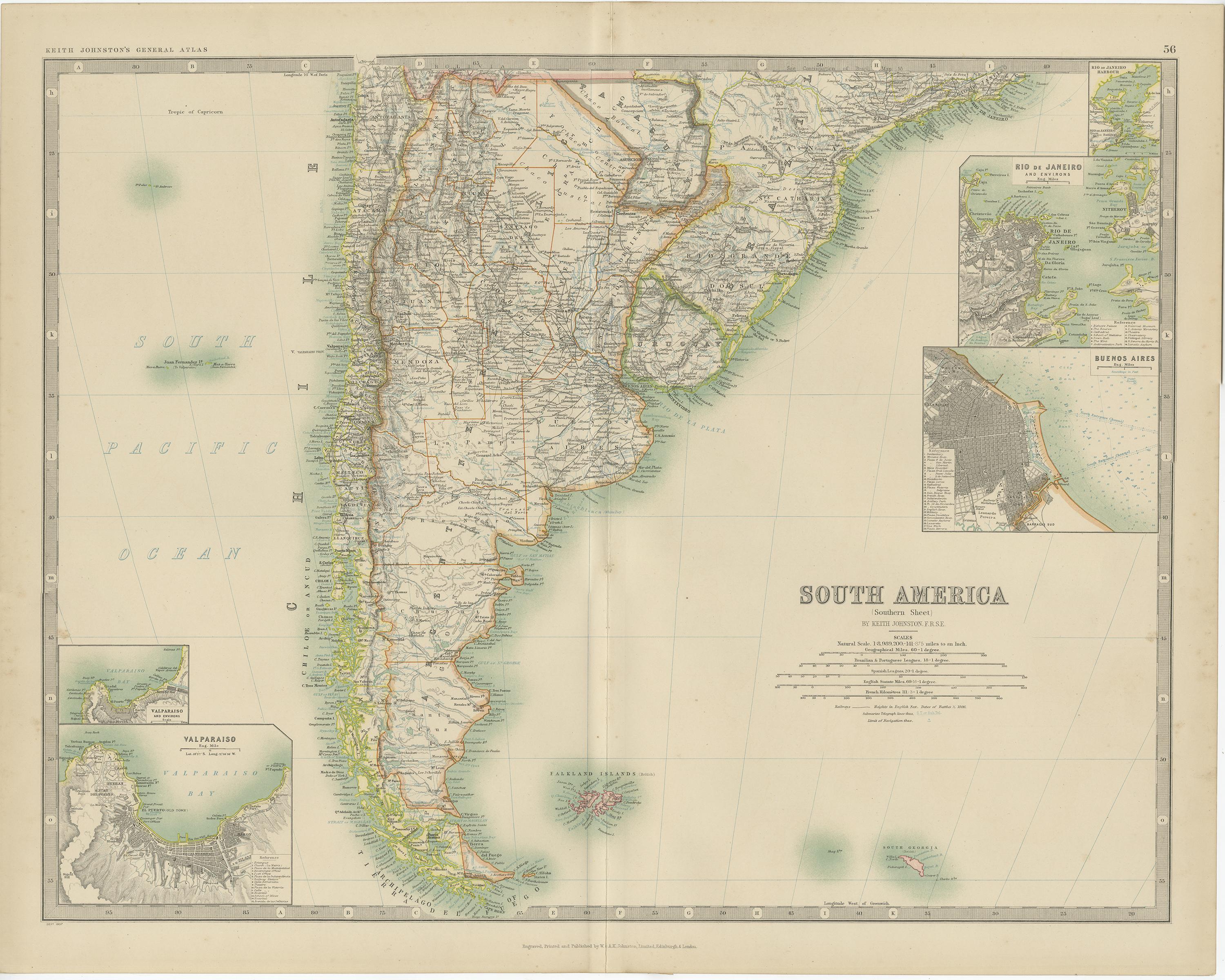 Antique map titled 'South America, Southern Sheet'. Depicting Chile, Argentina, Brazil, Patagonia, the Falkland Island and more. With inset maps of Valparaiso, Rio de Janeiro and Buenos Aires. This map originates from the ‘Royal Atlas of Modern