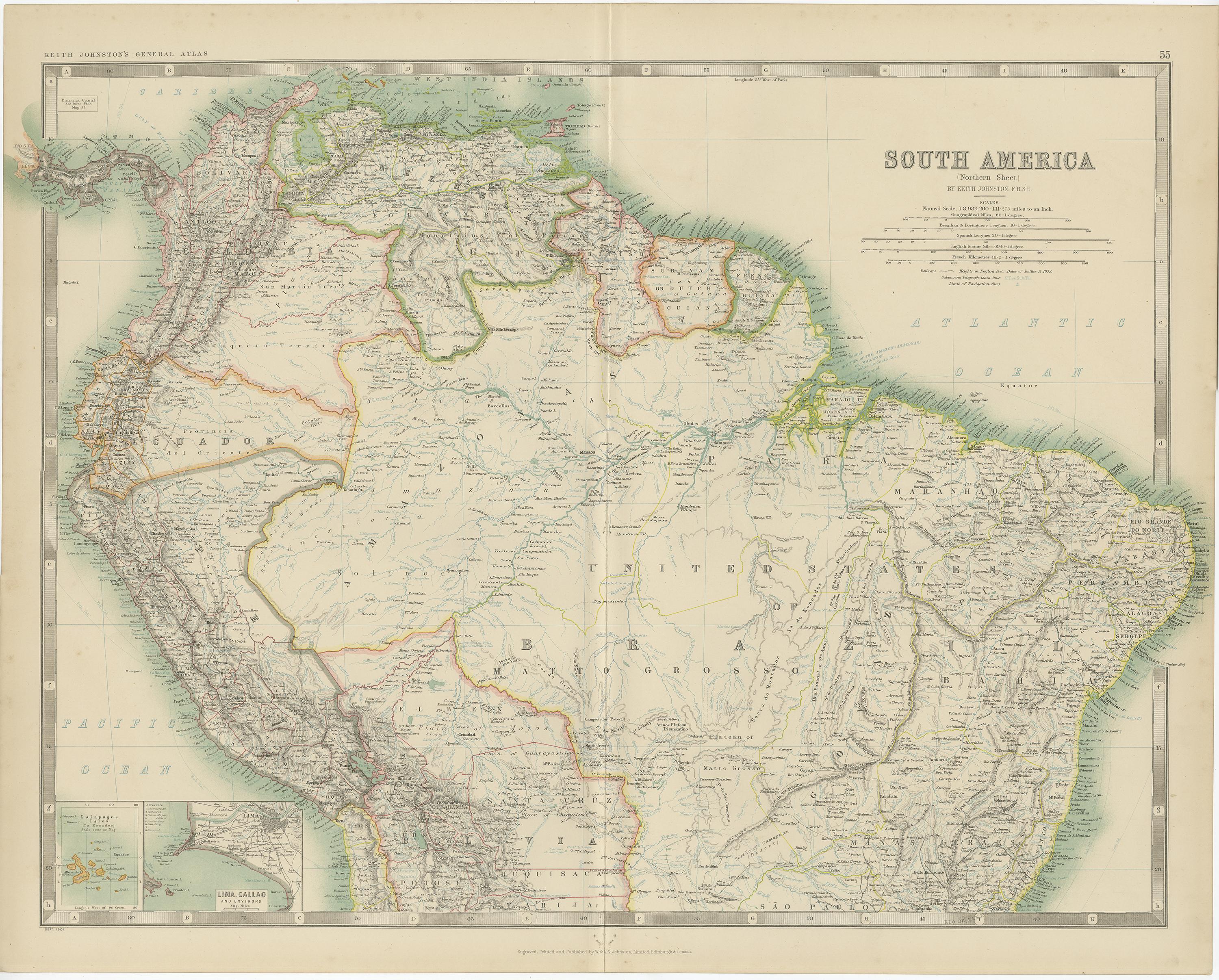 The antique map titled 'South America, Northern Sheet' is a historical cartographic representation of the northern part of South America. This original antique map features inset maps of the Galapagos Isles and Lima Callao. It is sourced from the