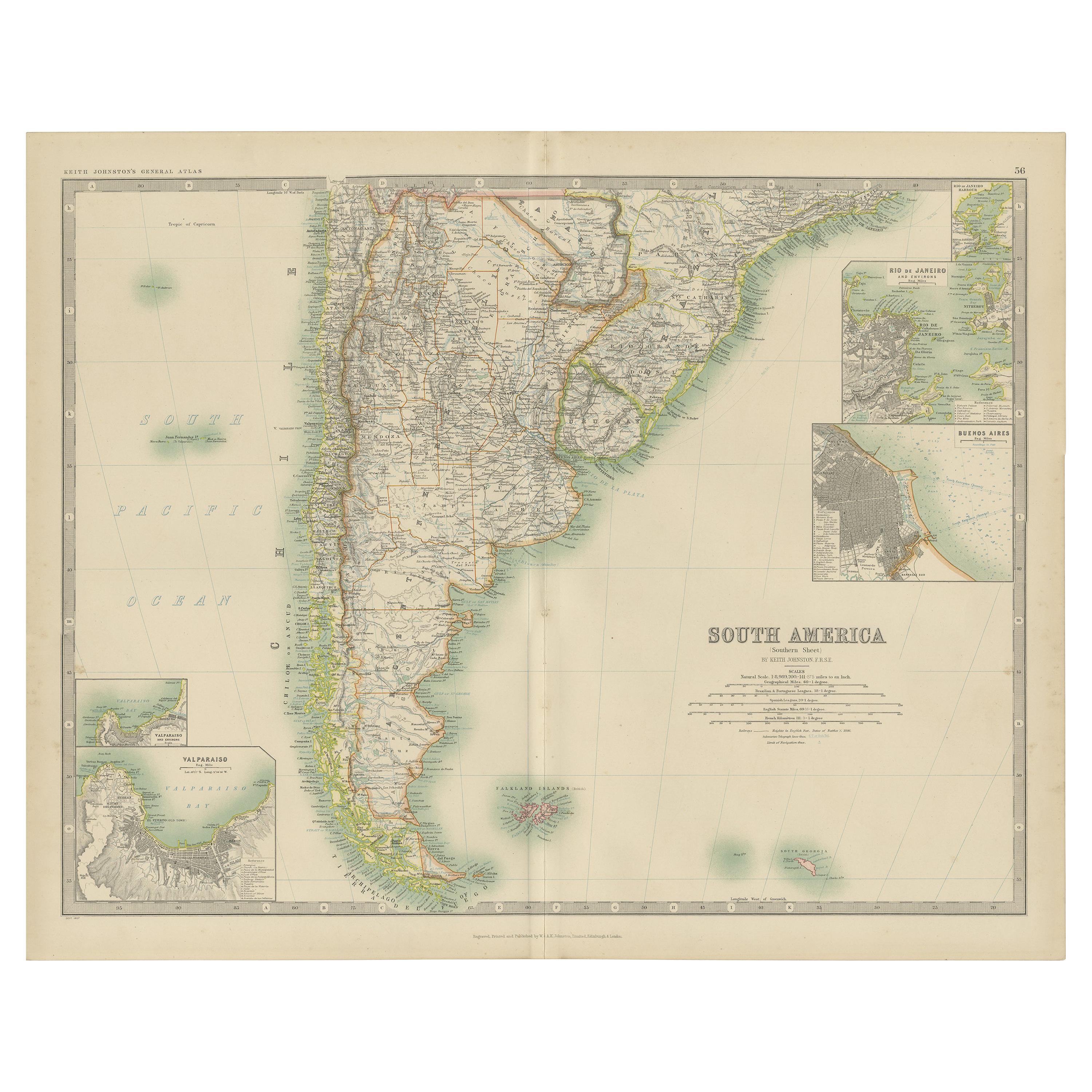 Antique Map of South America by Johnston '1909'