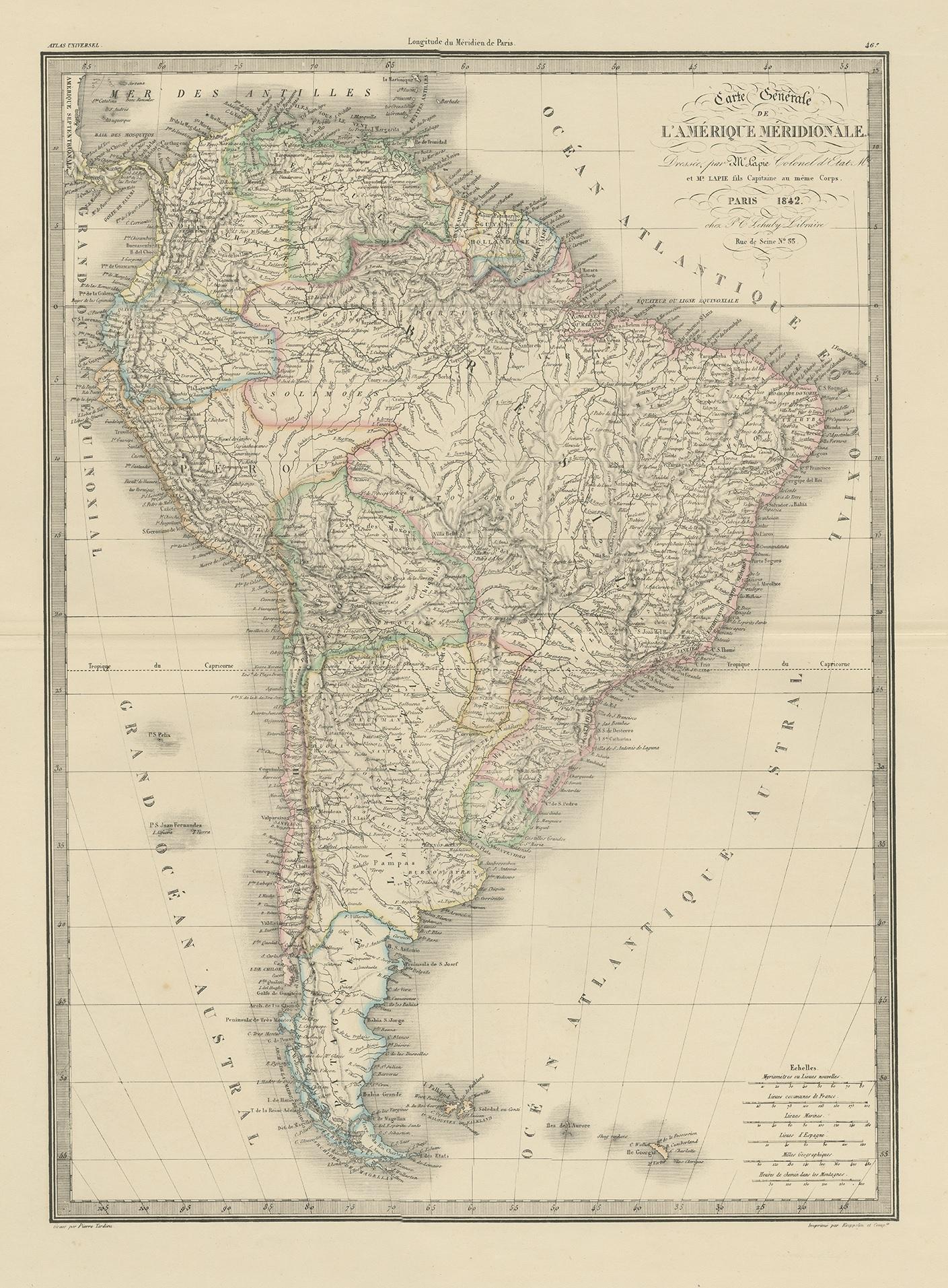 Antique map titled 'Carte Générale de l'Amérique Meridionale'. Map of South America. This map originates from 'Atlas universel de géographie ancienne et moderne (..)' by Pierre M. Lapie and Alexandre E. Lapie. Pierre M. Lapie was a French