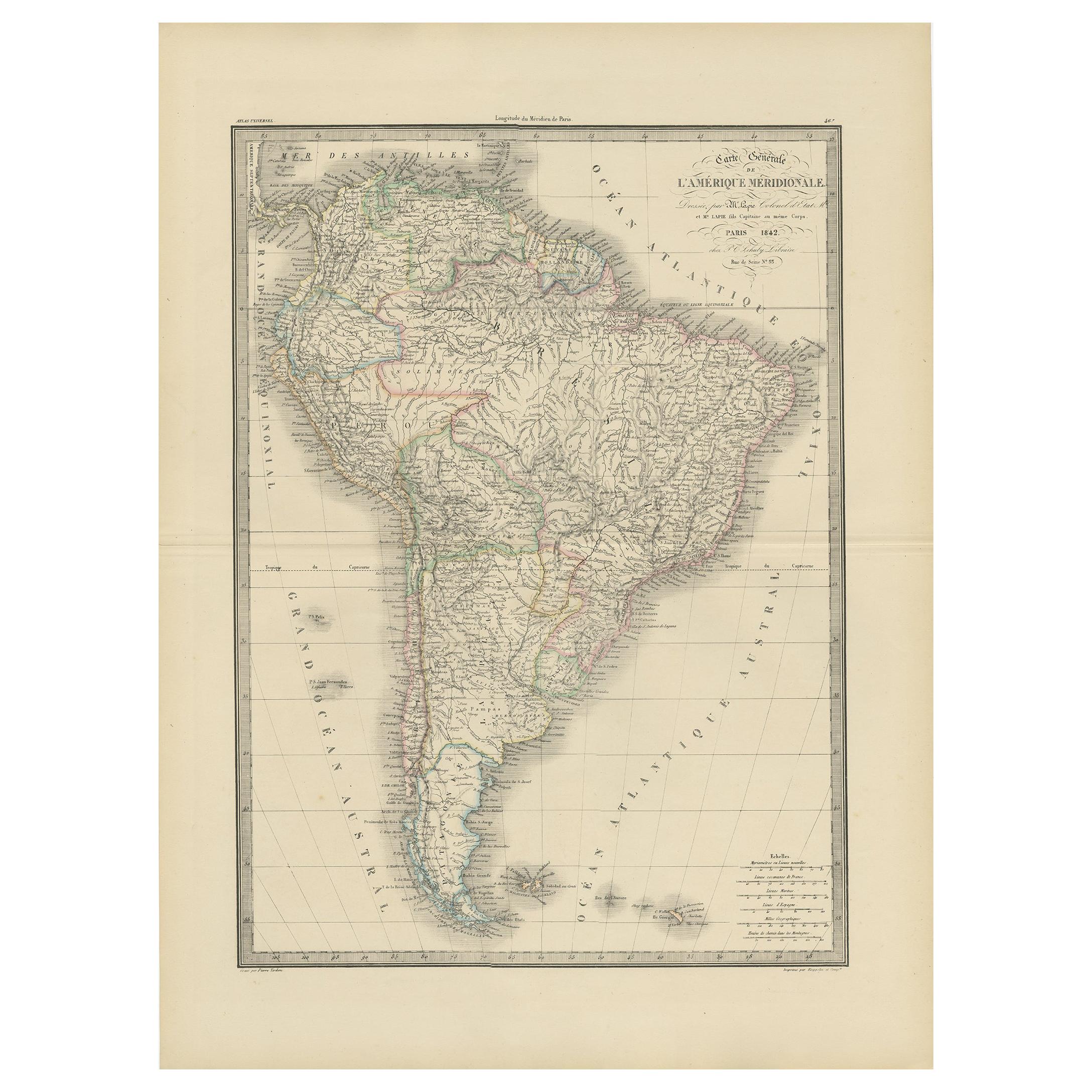 Antike Karte Südamerikas von Lapie '1842'