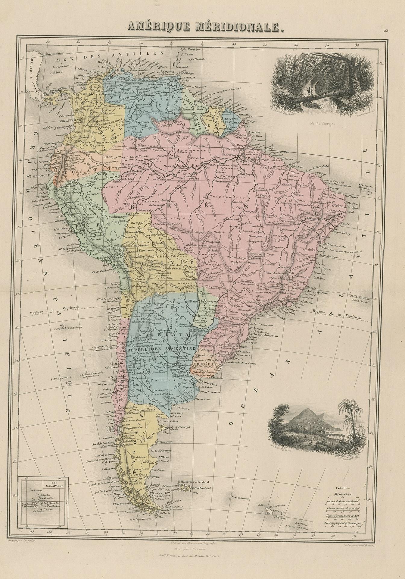 Antique map titled 'Amérique Méridionale'. Old map of South America. With an inset map of the Galapagos Islands and decorative vignettes. This map originates from 'Géographie Universelle Atlas-Migeon' by J. Migeon.